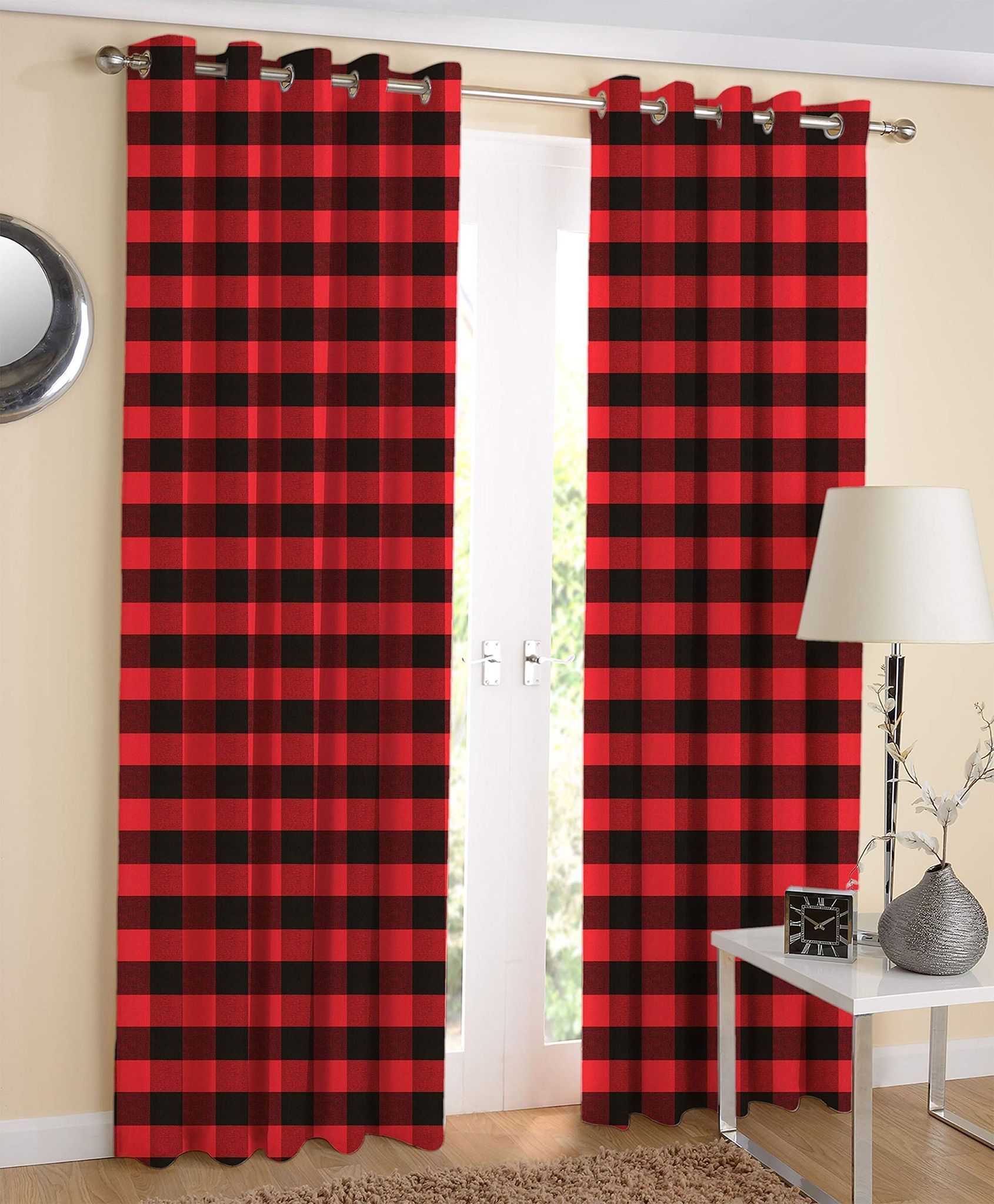AIRWILL Branded Cotton Big Check Designed Handloom Designer Weaved Door Curtains, Sized 122 cm Width and 275 cm Length (4 ft by 9 ft), Pack of 2 Pieces