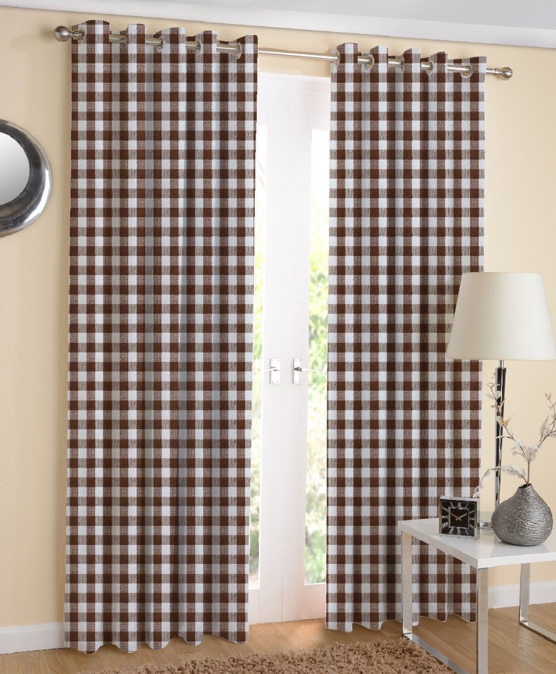 AIRWILL, Cotton Gingham Check Brown Designed Eyelet Door Curtains Pack of 2 Pieces (4 x 9 ft (Brown))