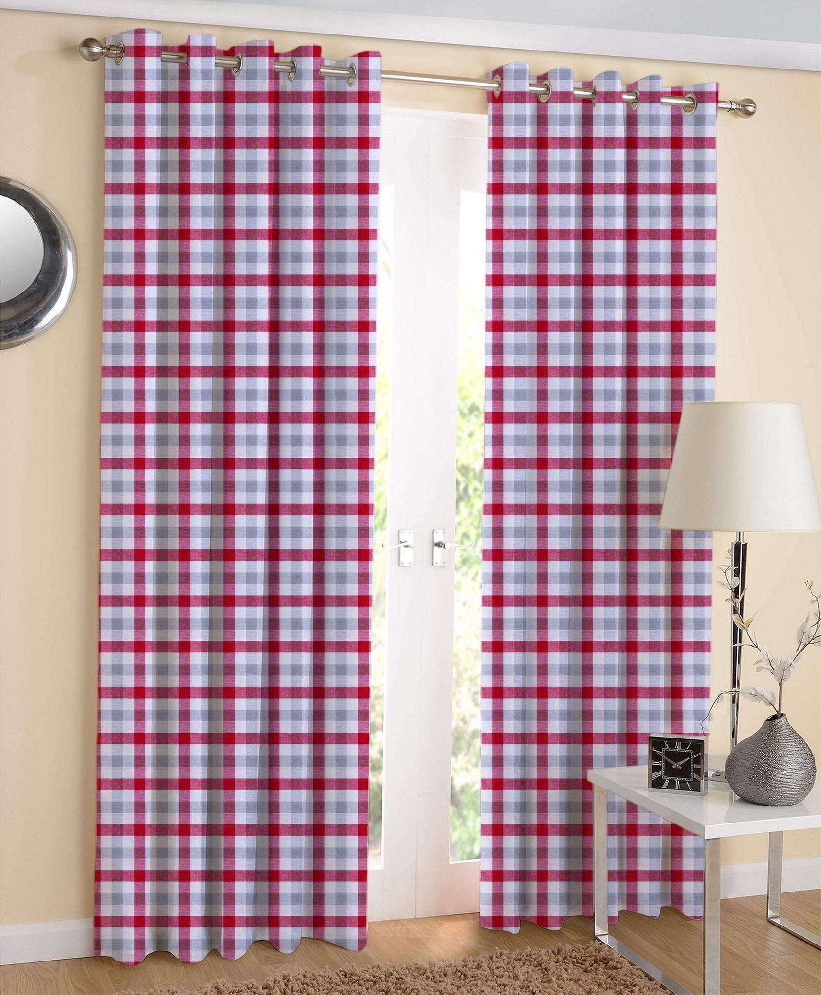 AIRWILL Cotton Lanfrancki Red Designed Long Door Curtains (Red,Grey; 4ft Width and 9ft Length) Pack of 2 Pieces?