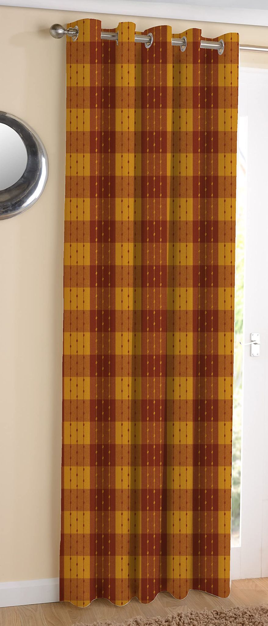 AIRWILL, Cotton Checkered Pattern Long Door - 4x9ft Curtains - (Pack of 1 pc) - Maroon, Yellow