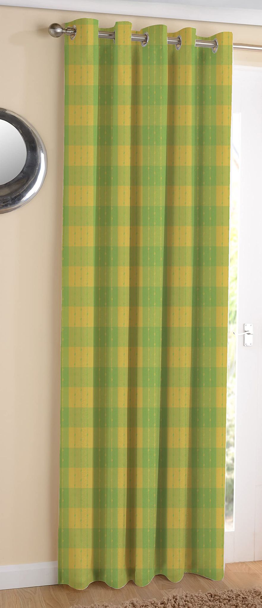 AIRWILL, Cotton Checkered Pattern Long Door - 4x9ft Curtains - (Pack of 1 pc) - Green, Yellow