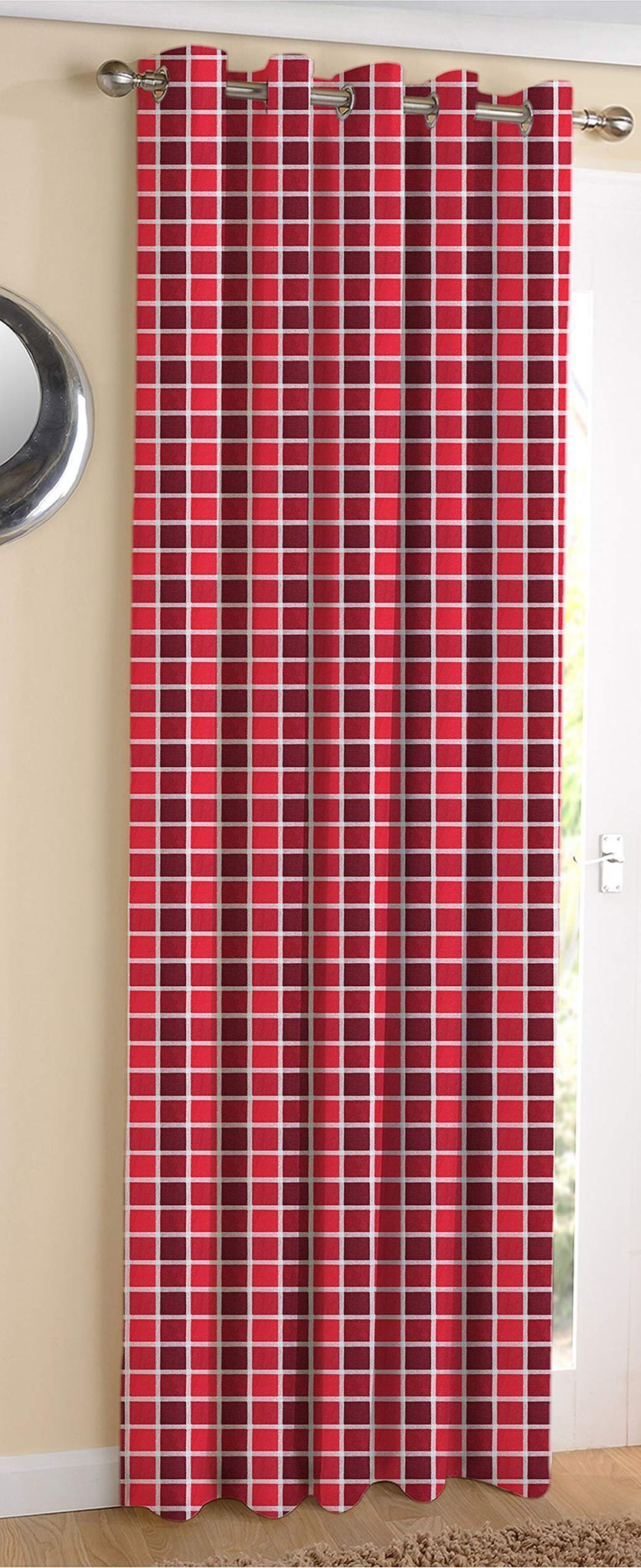 AIRWILL ? Cotton Blackout and Room Darkening 9ft Long Door Curtains Pack of 1 pc. (Checks - Maroon,Red)