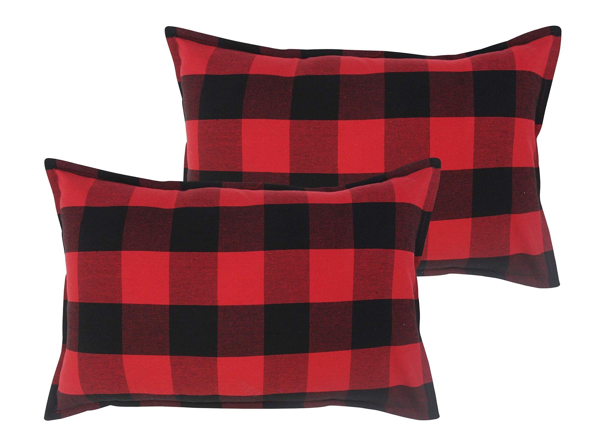Airwill 100% Cotton Checkered Pattern Flap Pillow Covers (46x69cm)(Red, Black, Pack of 2 Pieces)