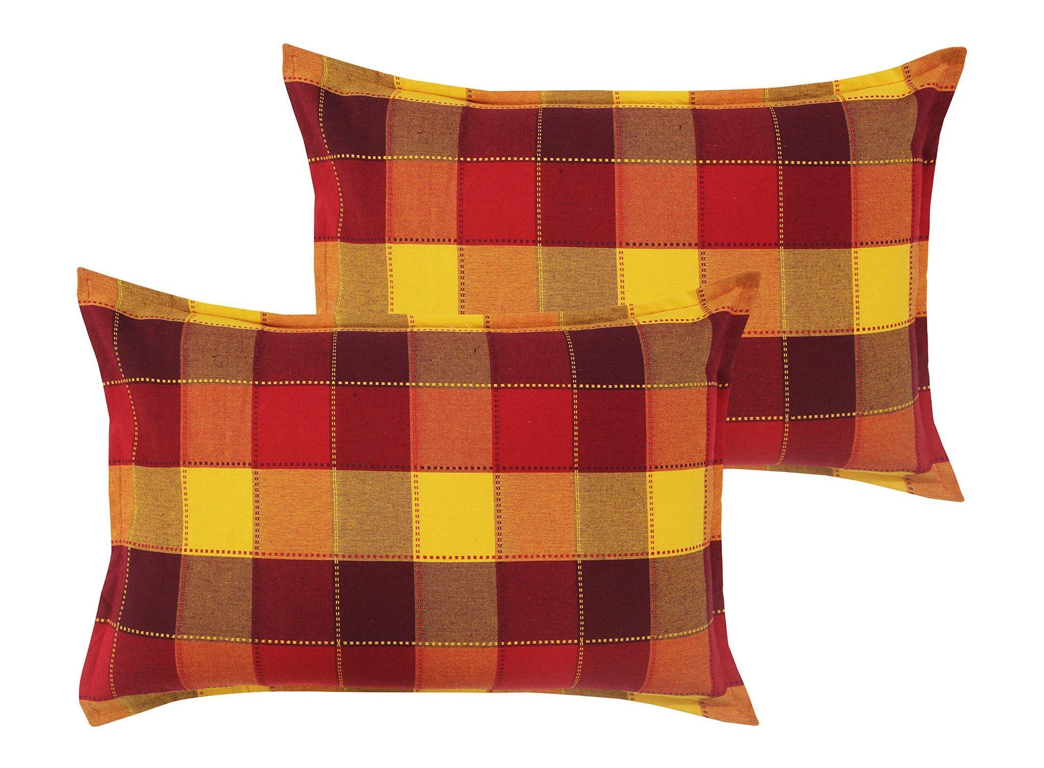 Airwill 100% Cotton Checkered Pattern Flap Pillow Covers (46x69cm)(Red, Yellow, Pack of 2 Pieces)