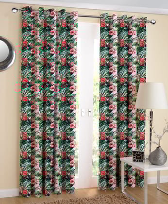 AIRWILL, Cotton Designer Green Hibiscus Floral Pattern Designer Long Door Curtains, Sized 4ft in Width and 9ft in Length. Pack of 2 Pieces
