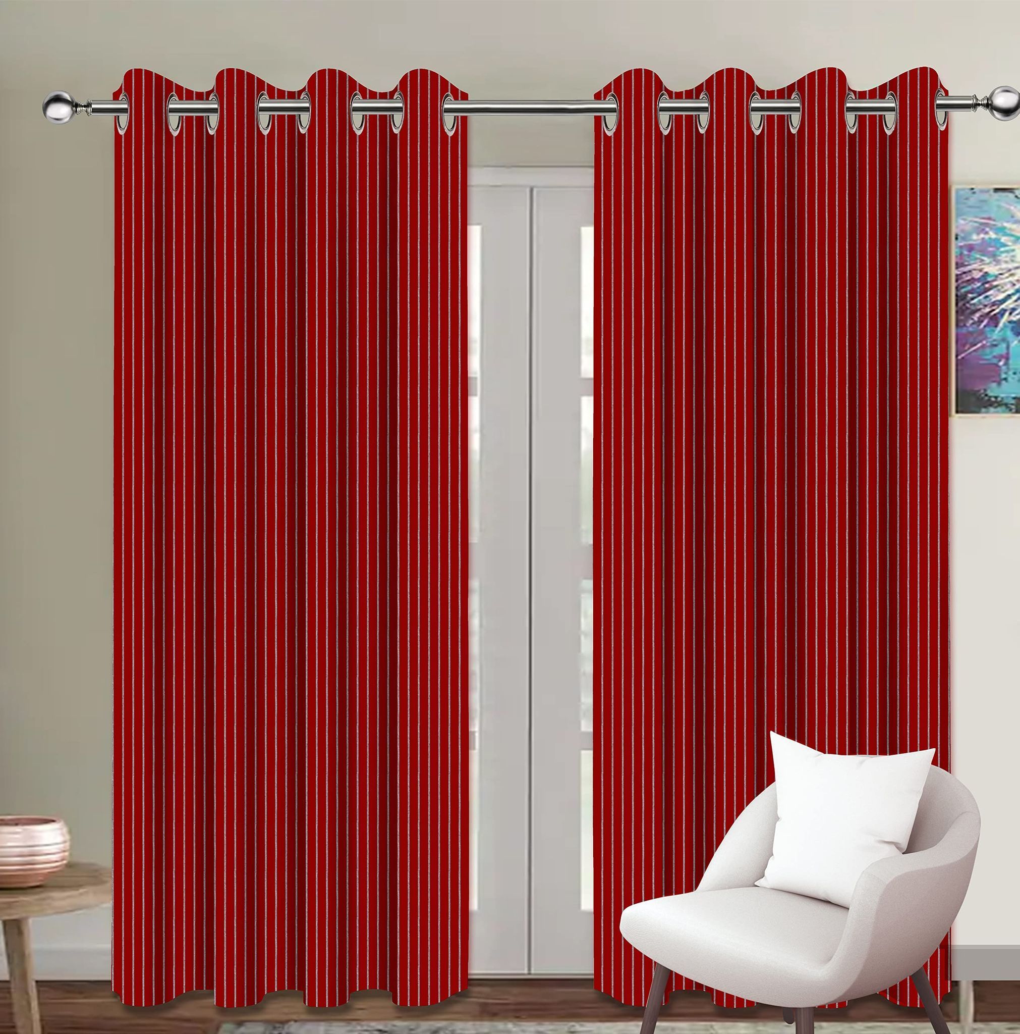 AIRWILL, Cotton Pin Stripe Red Designed Striped Pattern Long Door - 4x9ft Curtains - (Pack of 2 pcs) - Red