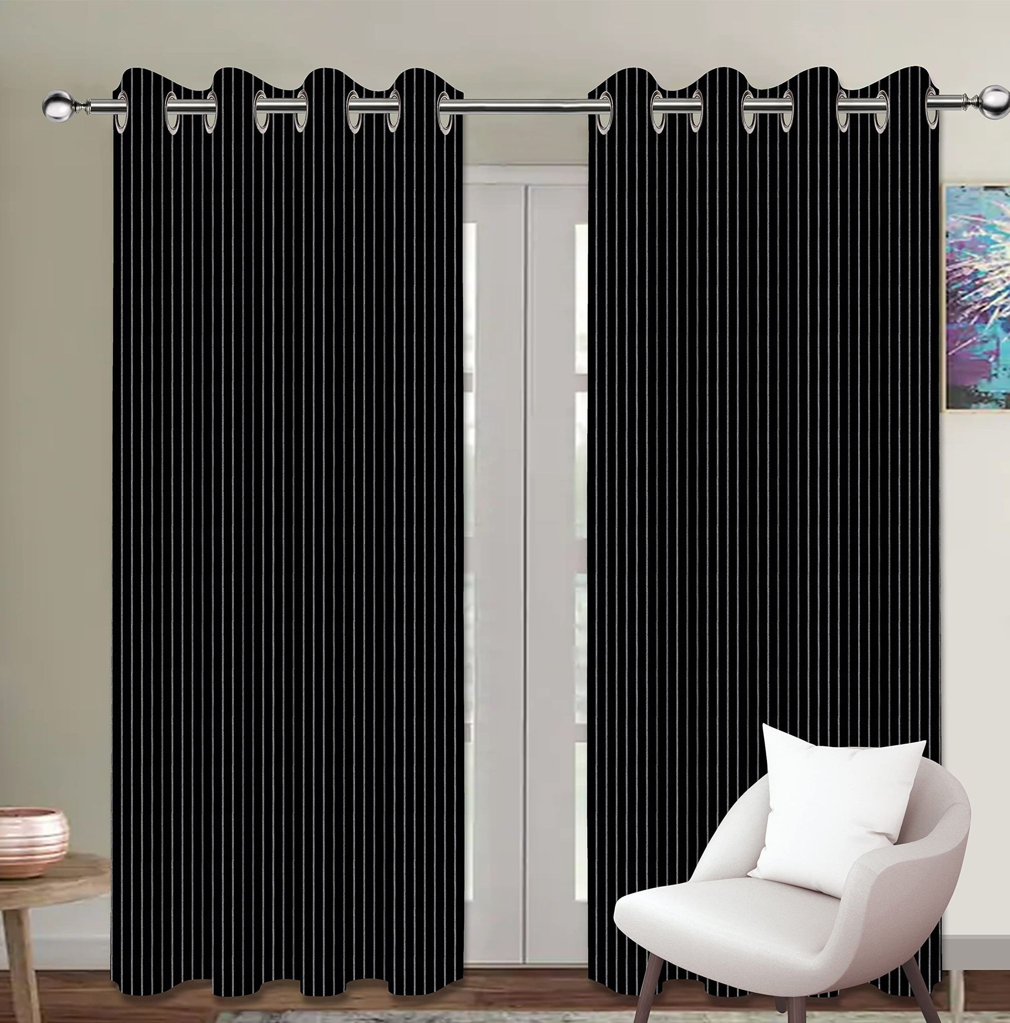 AIRWILL, Cotton Pin Stripe Black Designed Striped Pattern Long Door - 4x9ft Curtains - (Pack of 2 pcs) - Black