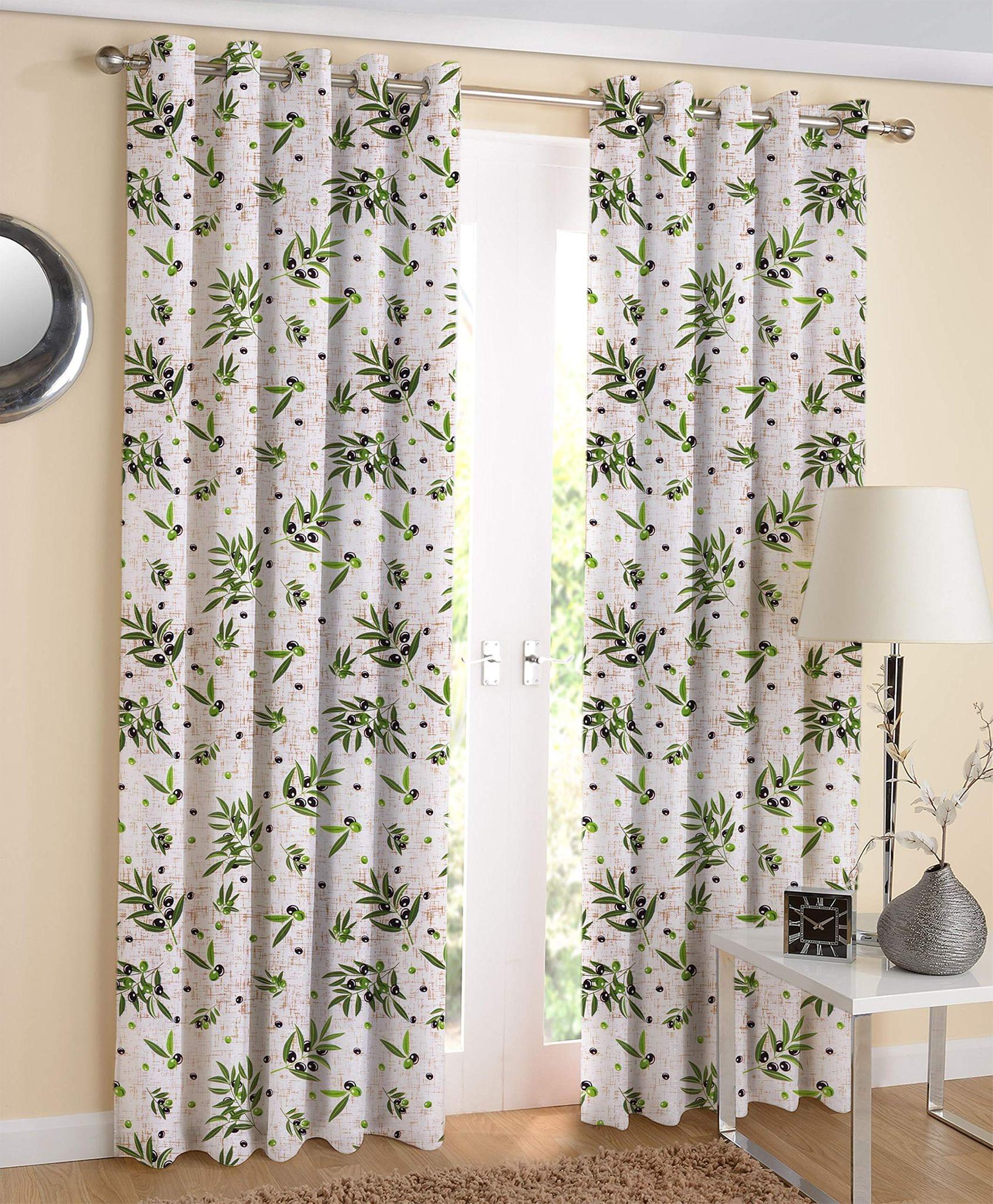 AIRWILL Cotton Olive Leaf Designed Printed Patteren 9ft Long Door Curtains (Green - Pack of 2 pcs)