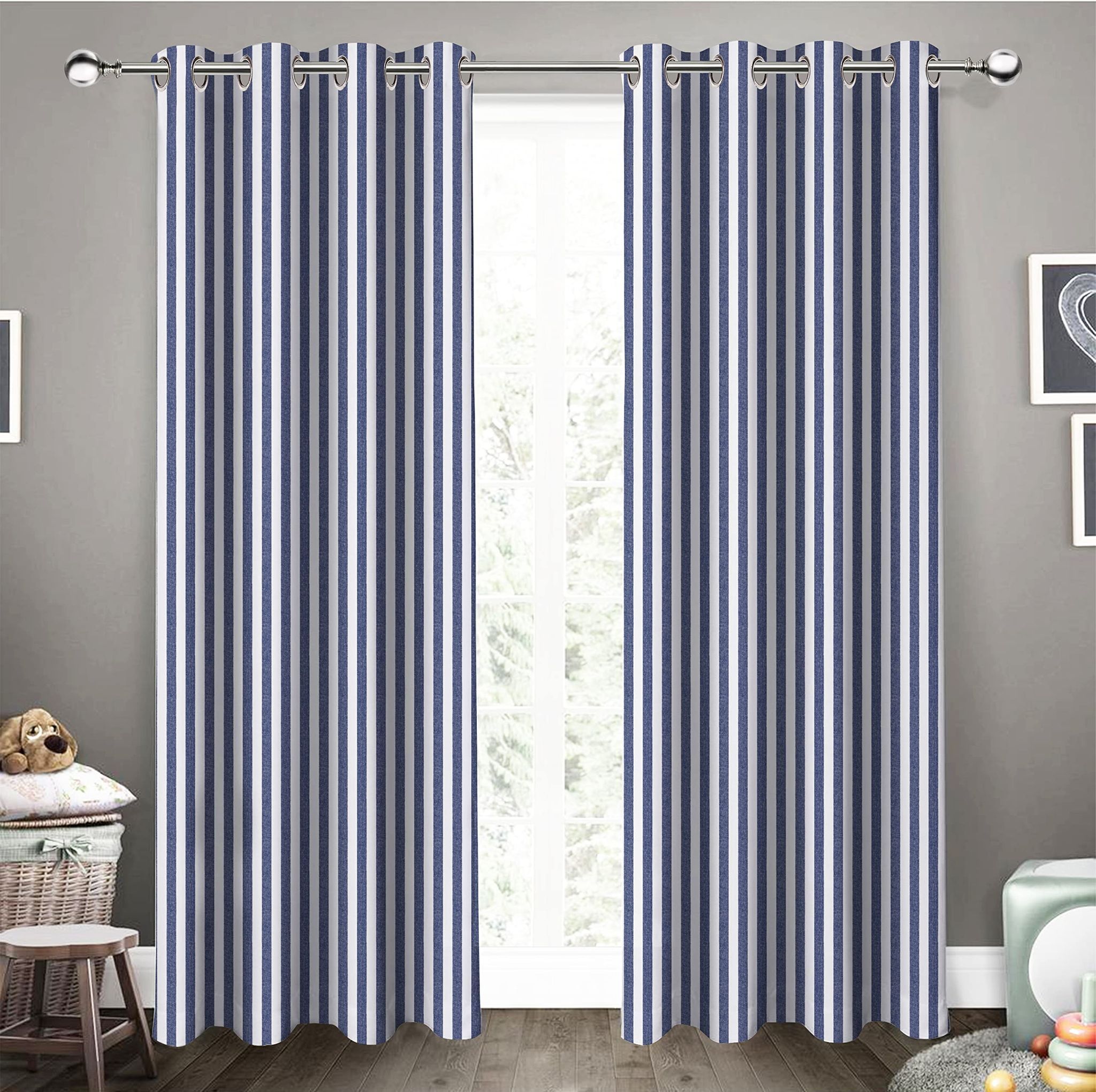AIRWILL, Cotton Candy Stripe Blue Designed Striped Pattern Long Door - 4x9ft Curtains - (Pack of 2 pcs) - Blue