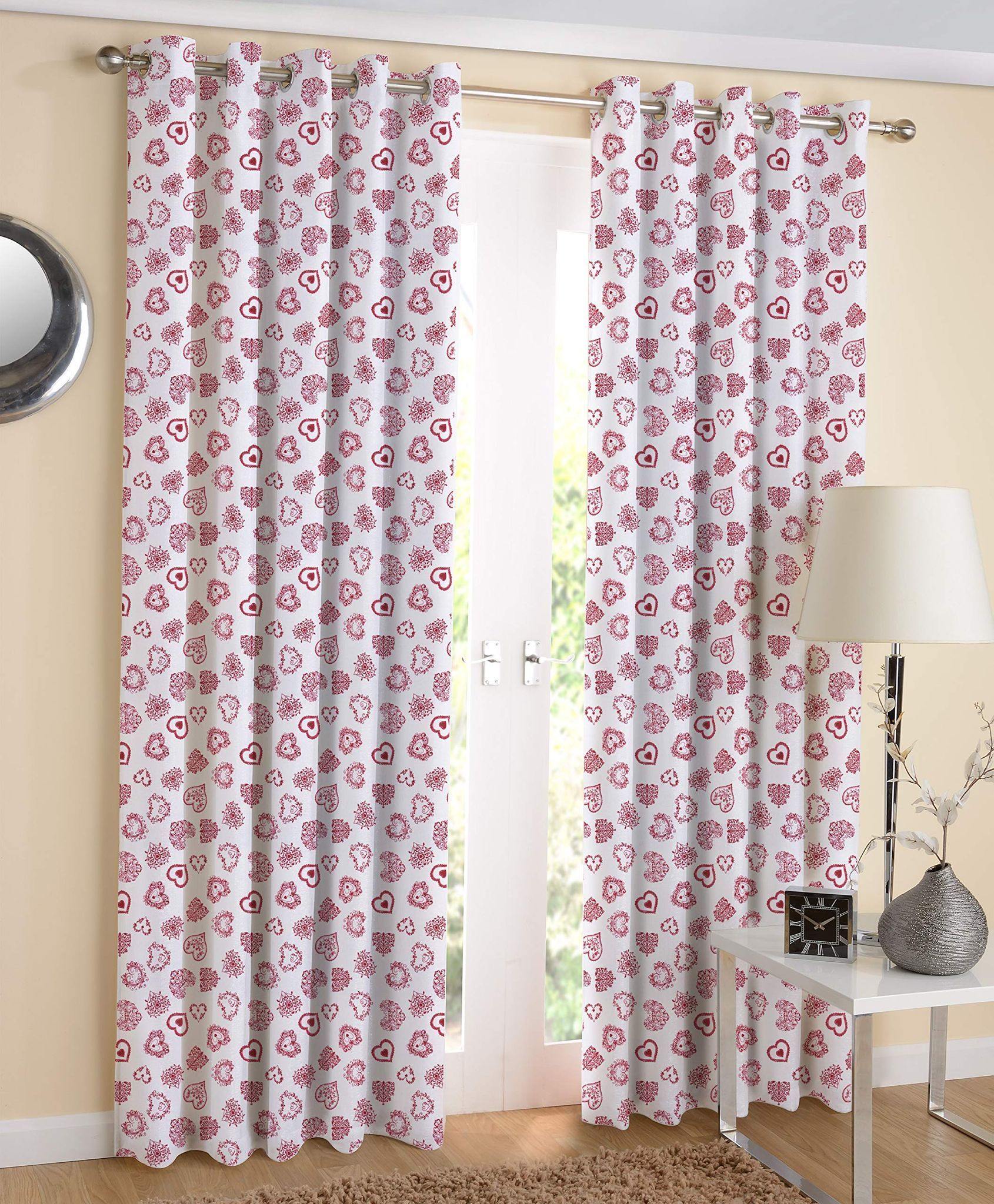 AIRWILL 100% Cotton Red Heart Designed Printed Pattern Long Door Curtains Sized, 9ft Length (Red,White, Pack of 2 pcs)