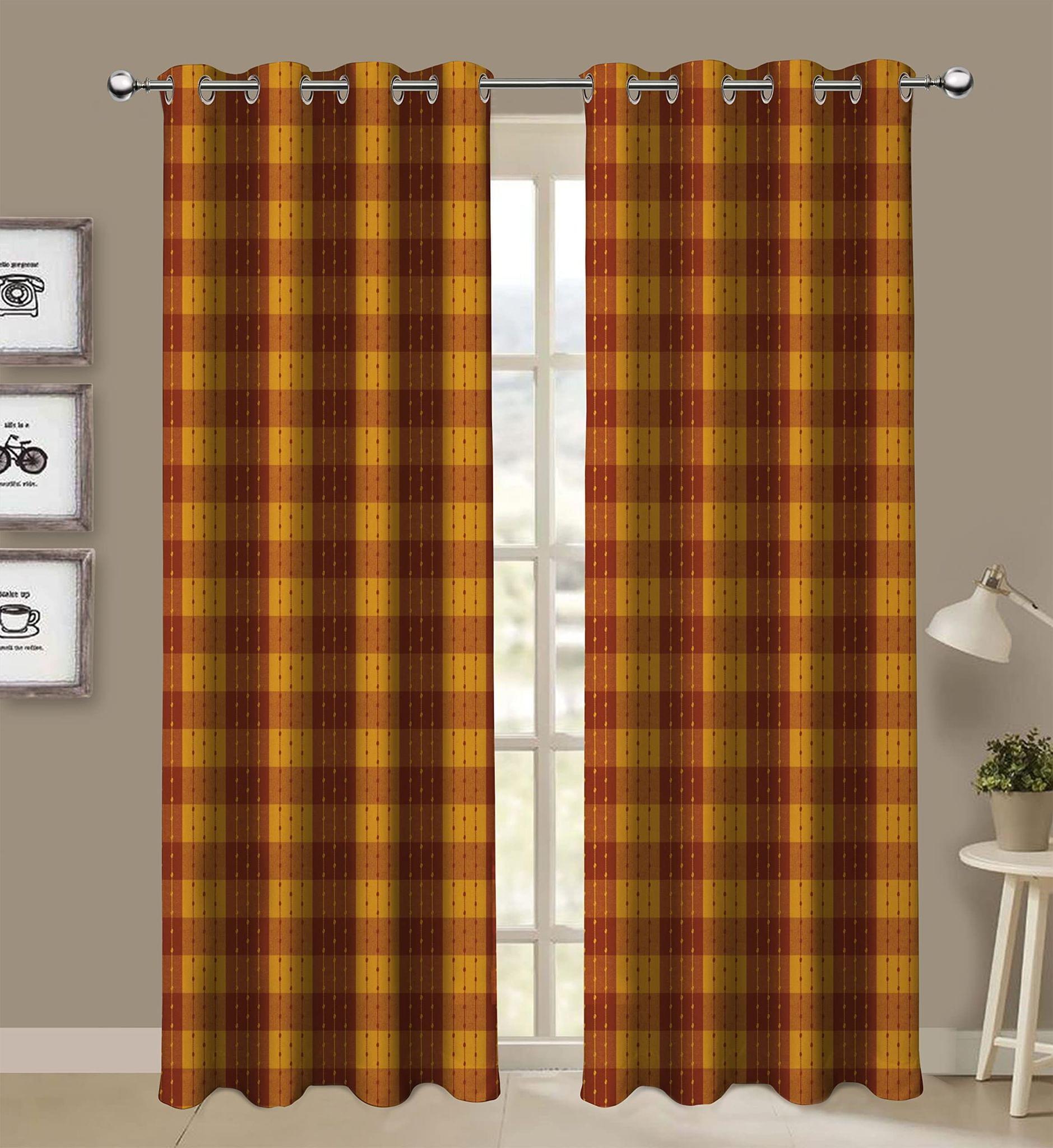 AIRWILL, Cotton Beast Maroon Designed Checkered Pattern Long Door - 4x9ft Curtains - (Pack of 2 pcs) - Maroon, Yellow