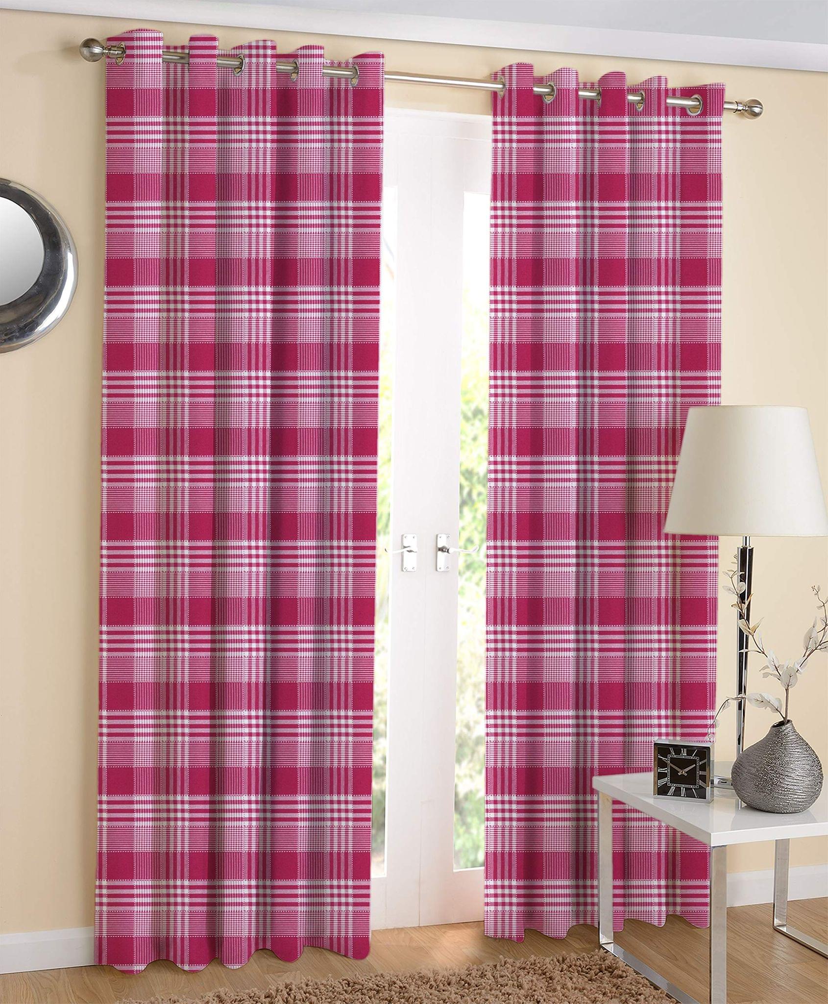 AIRWILL Pink Checkered Pattern Cotton Track Dobby Pink Designed Long Door Curtains 4x9ft Pack of 2 Pieces