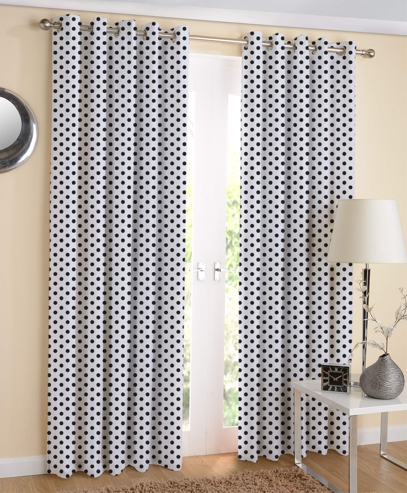AIRWILL 100% Cotton Polka Dot White Designed Polka Pattern Long Door Curtains Sized, 9ft Length (Black,White, Pack of 2 pcs)
