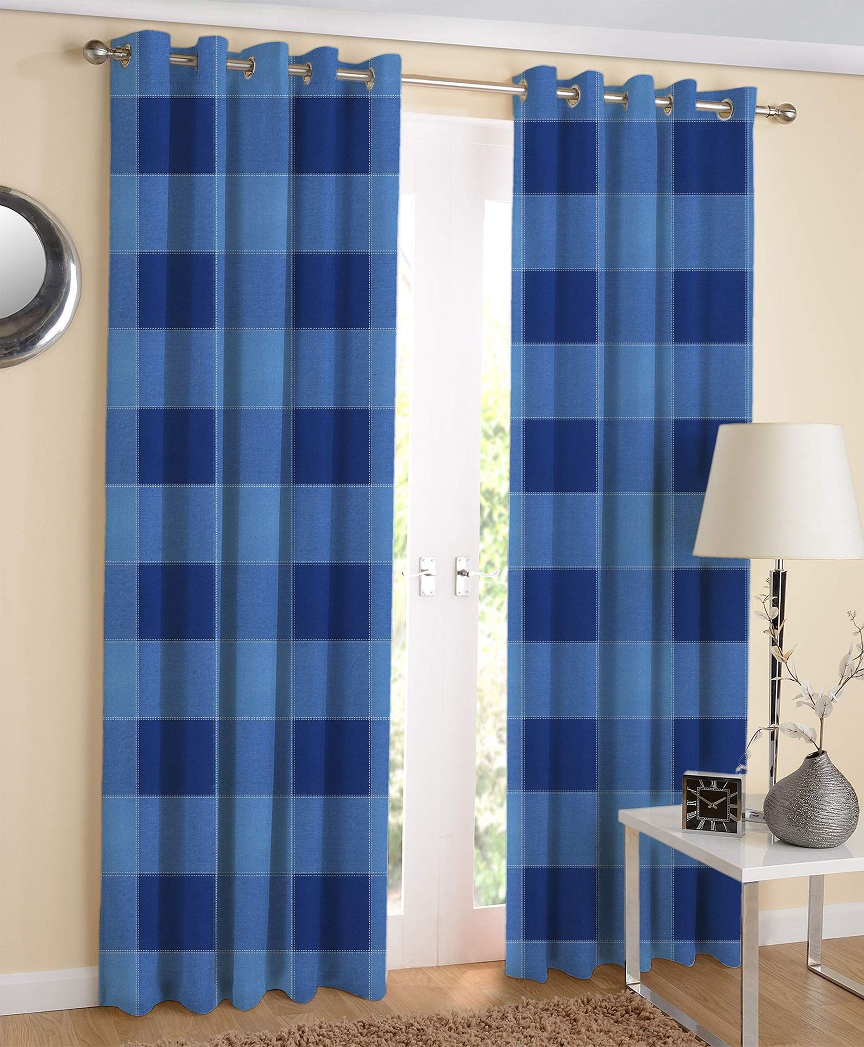 AIRWILL Blue Checkered Pattern Cotton 4-Way Dobby Blue Designed Long Door Curtains 4x9ft Pack of 2 Pieces
