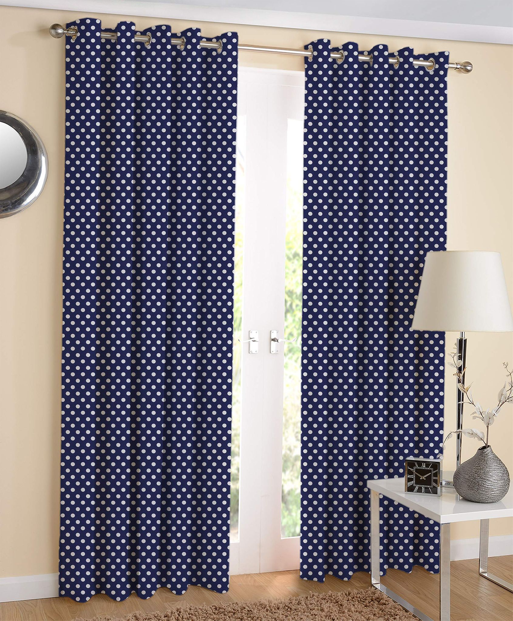 AIRWILL Blue Printed Pattern Cotton Polka Dot Blue Designed Long Door Curtains 4x9ft Pack of 2 Pieces