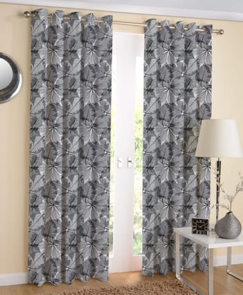 AIRWILL White & Black Floral Pattern Cotton Palm Leaf Designed Long Door Curtains 4x9ft Pack of 2 Pieces