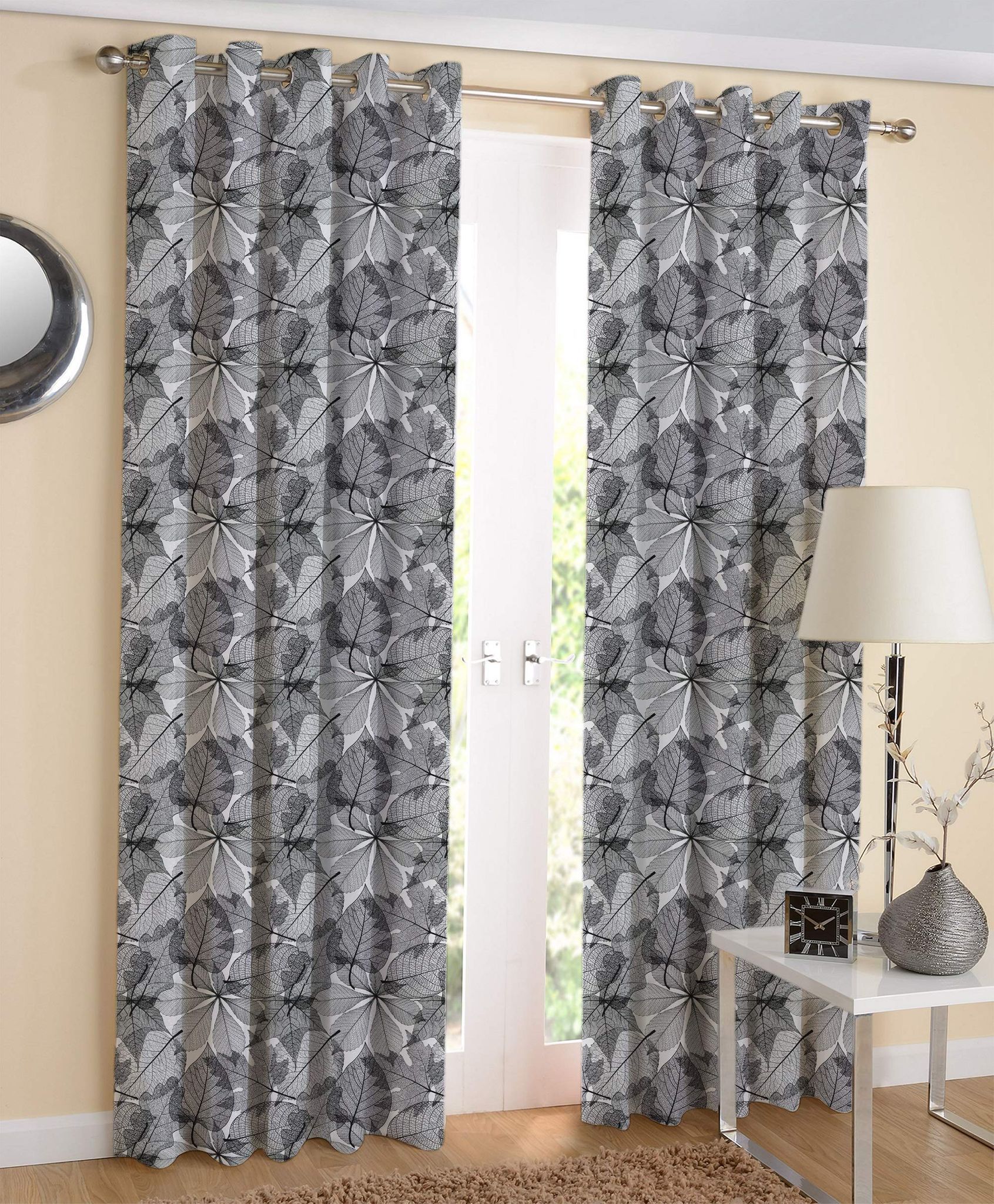 AIRWILL White & Black Floral Pattern Cotton Palm Leaf Designed Long Door Curtains 4x9ft Pack of 2 Pieces