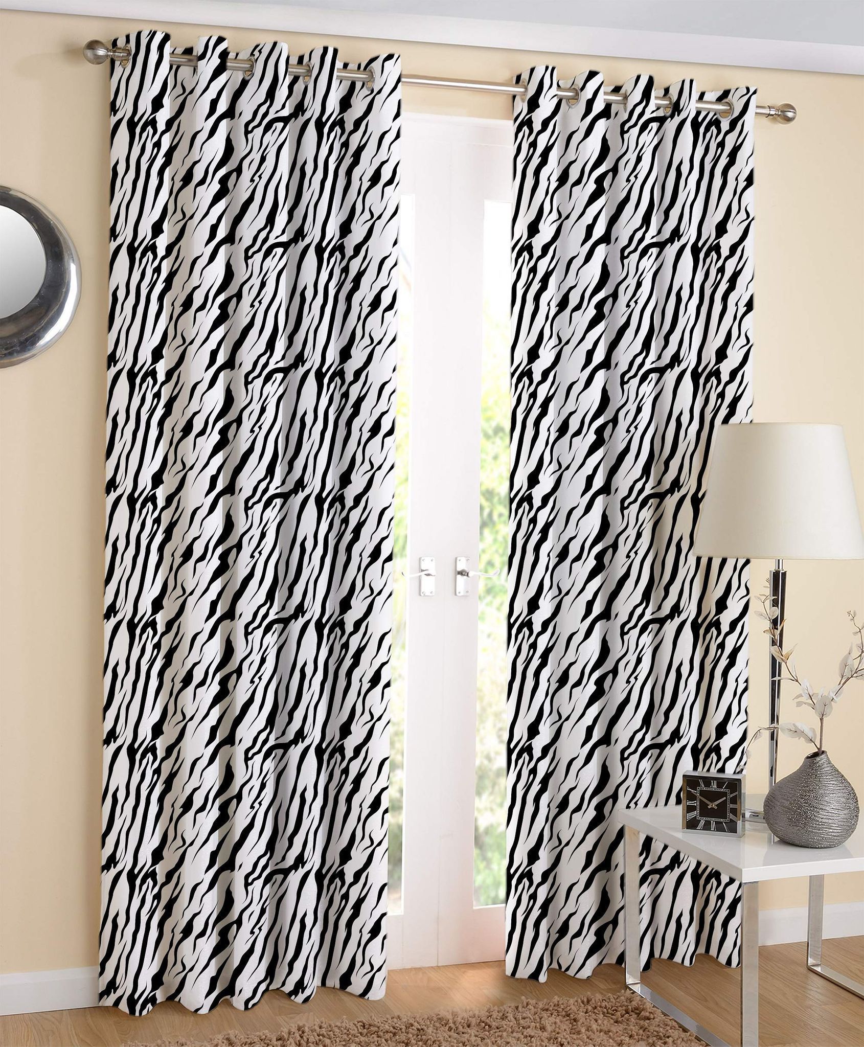 AIRWILL White & Black Printed Pattern Cotton Tiger Stripe Designed Long Door Curtains 4x9ft Pack of 2 Pieces