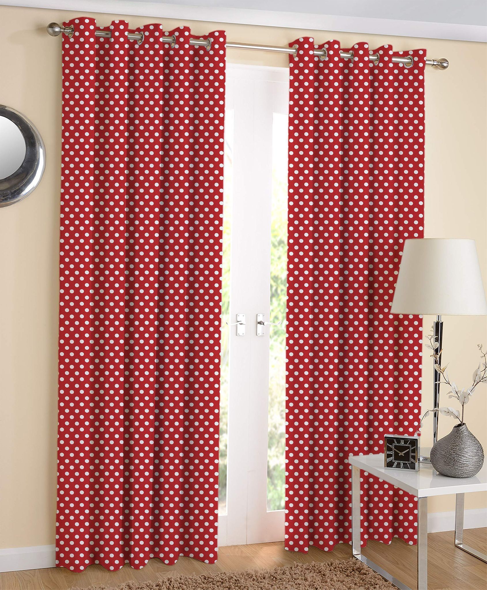 AIRWILL Red Printed Pattern Cotton Polka Dot Red Designed Long Door Curtains 4x9ft Pack of 2 Pieces