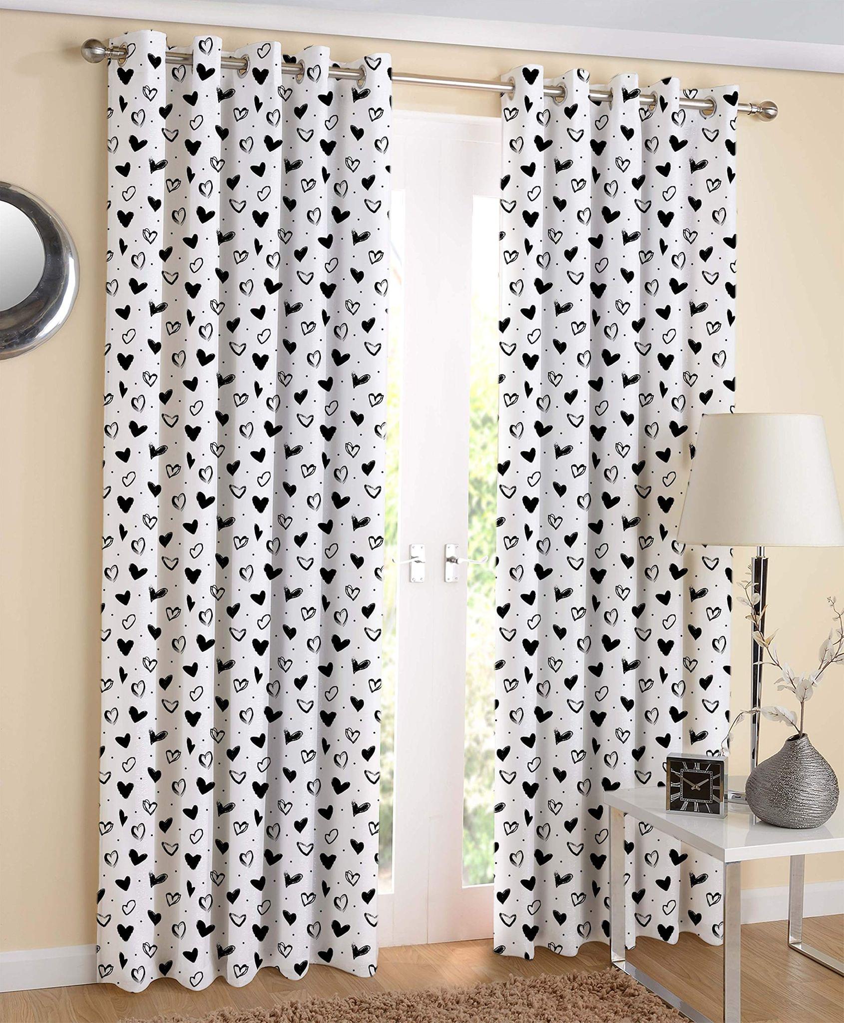 AIRWILL White & Black Printed Pattern Cotton White Heart Designed Long Door Curtains 4x9ft Pack of 2 Pieces