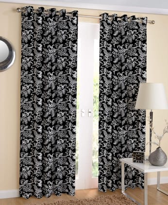 AIRWILL White & Black Floral Pattern Cotton Black Flower Designed Long Door Curtains 4x9ft Pack of 2 Pieces