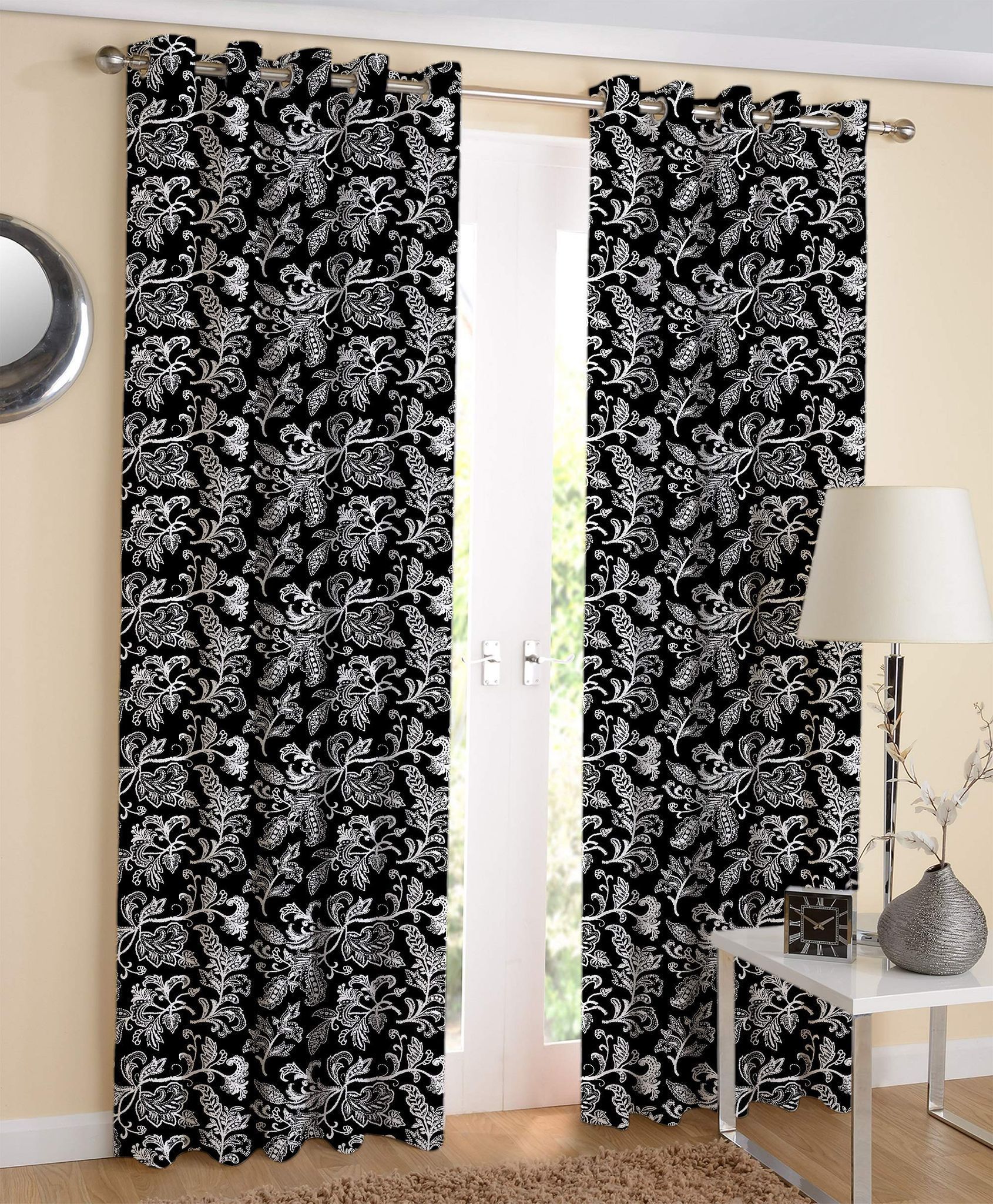AIRWILL White & Black Floral Pattern Cotton Black Flower Designed Long Door Curtains 4x9ft Pack of 2 Pieces