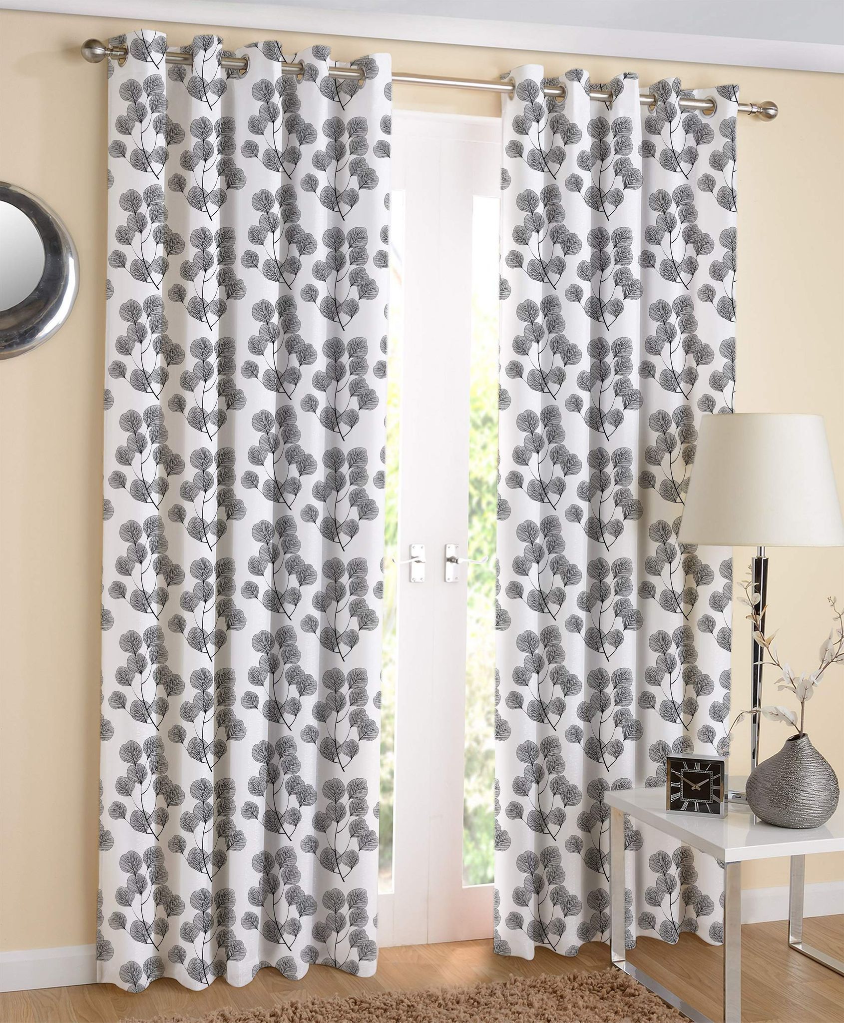 AIRWILL White & Black Floral Pattern Cotton Root Leaf Designed Long Door Curtains 4x9ft Pack of 2 Pieces