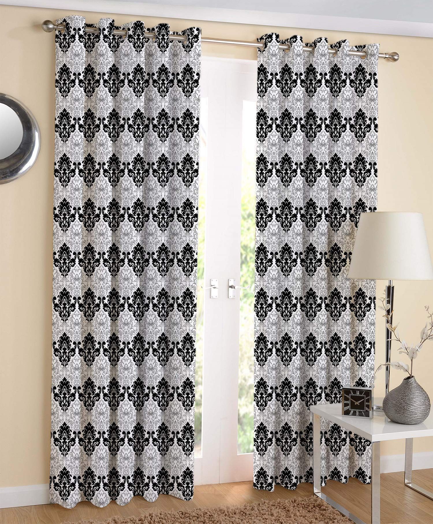 AIRWILL White & Black Printed Pattern Cotton Black & White Damsak Designed Long Door Curtains 4x9ft Pack of 2 Pieces