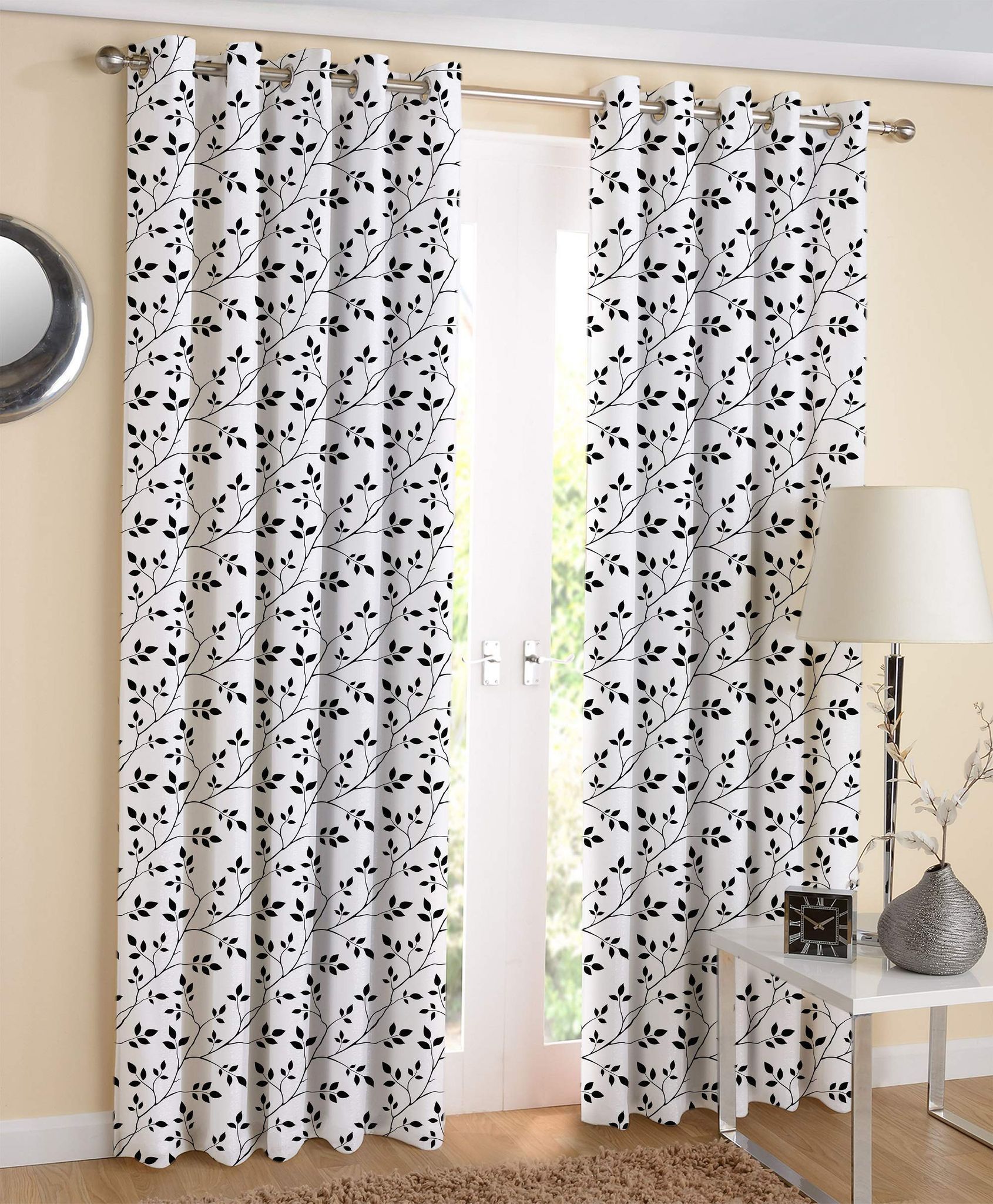AIRWILL White & Black Floral Pattern Cotton Small Leaf Designed Long Door Curtains 4x9ft Pack of 2 Pieces
