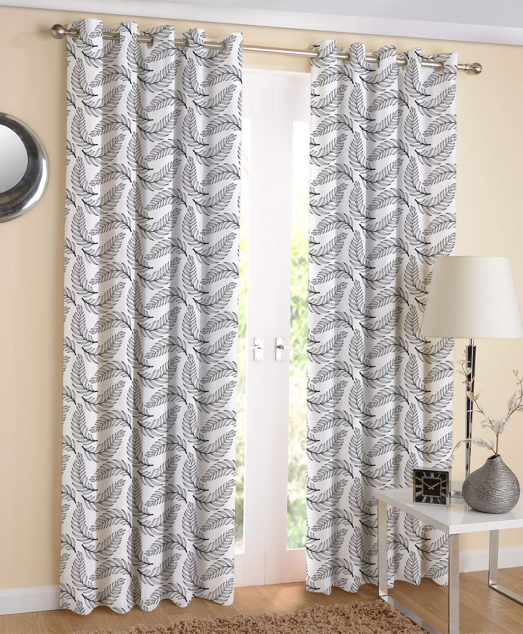 AIRWILL White & Black Printed Pattern Cotton Wings Leaf Designed Long Door Curtains 4x9ft Pack of 2 Pieces