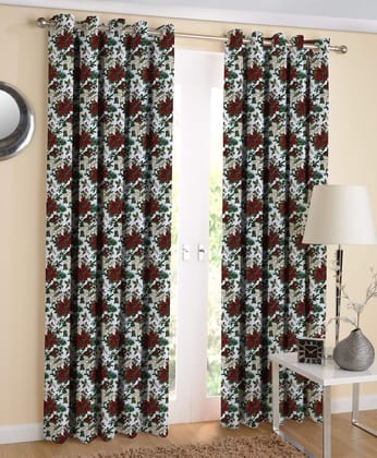 AIRWILL Maroon & Green Floral Pattern Cotton Maroon Flower Designed Long Door Curtains 4x9ft Pack of 2 Pieces