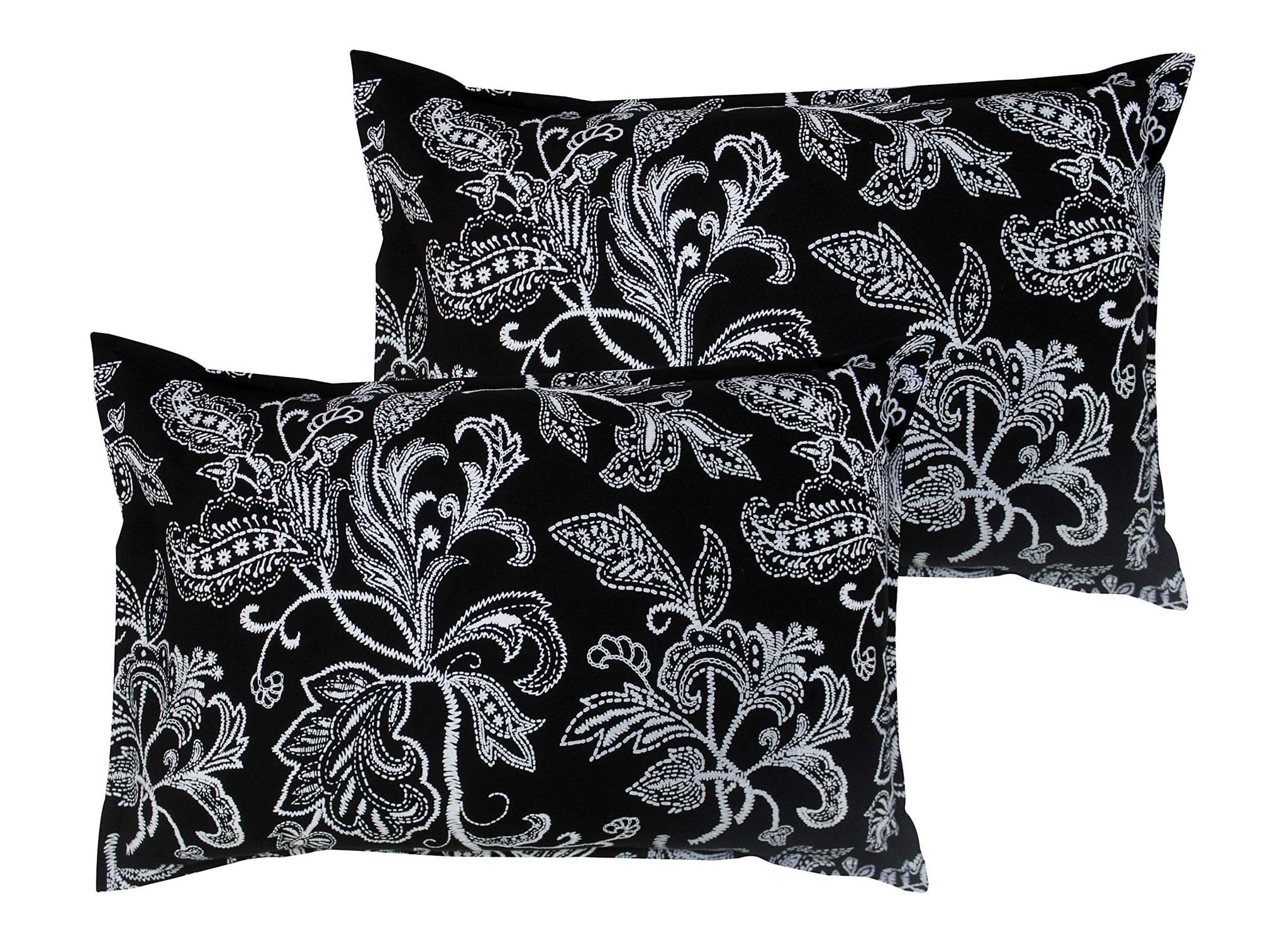 Airwill 100% Cotton Floral Pattern Flap Pillow Covers (46x69cm)(Black, White, Pack of 2 Pieces)