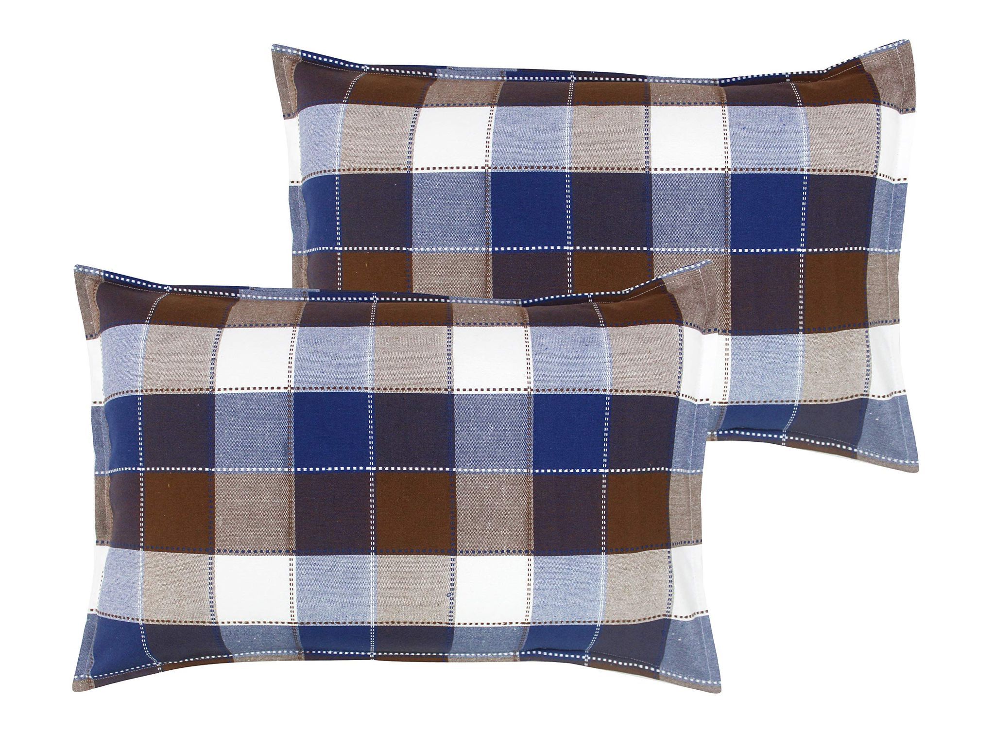 Airwill 100% Cotton Checkered Pattern Flap Pillow Covers (46x69cm)(Blue, Brown, Pack of 2 Pieces)