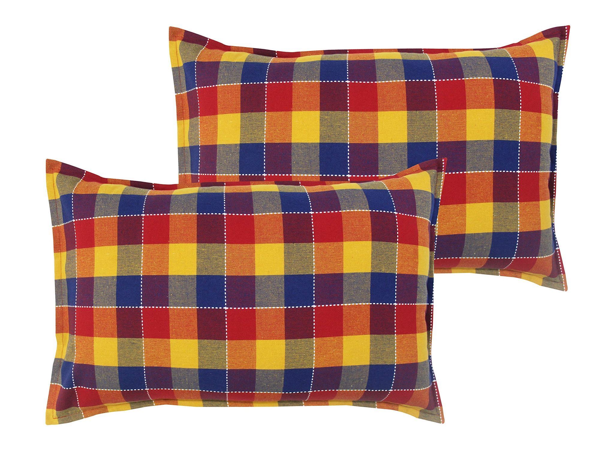 Airwill 100% Cotton Checkered Pattern Flap Pillow Covers (46x69cm)(Red, Blue, Yellow, Pack of 2 Pieces)
