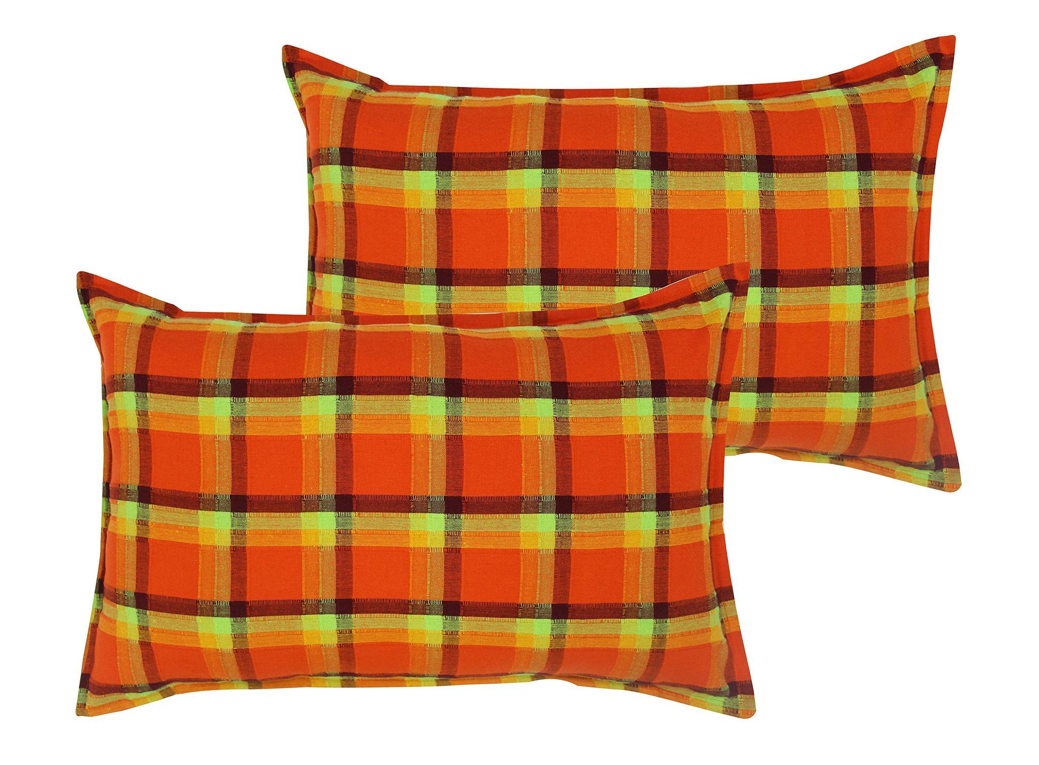 Airwill 100% Cotton Checkered Pattern Flap Pillow Covers (46x69cm)(Orange, Pack of 2 Pieces)