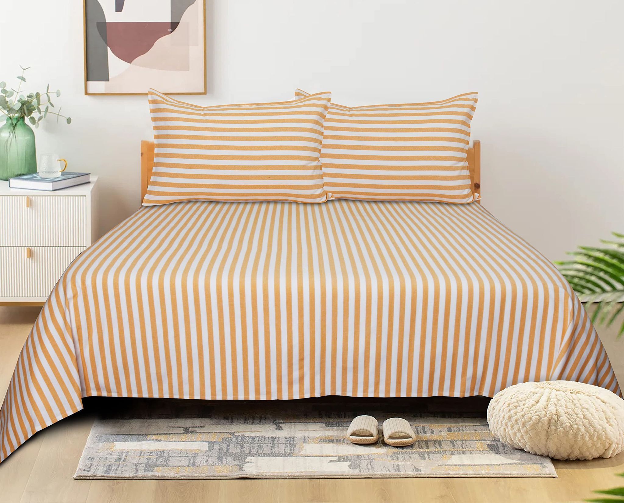 AIRWILL, 200GSM Handloom Cotton Double Bedsheet with 2 Pillow Covers, Candy Striped Designer Weaved Yellow - Pack of 3 pcs