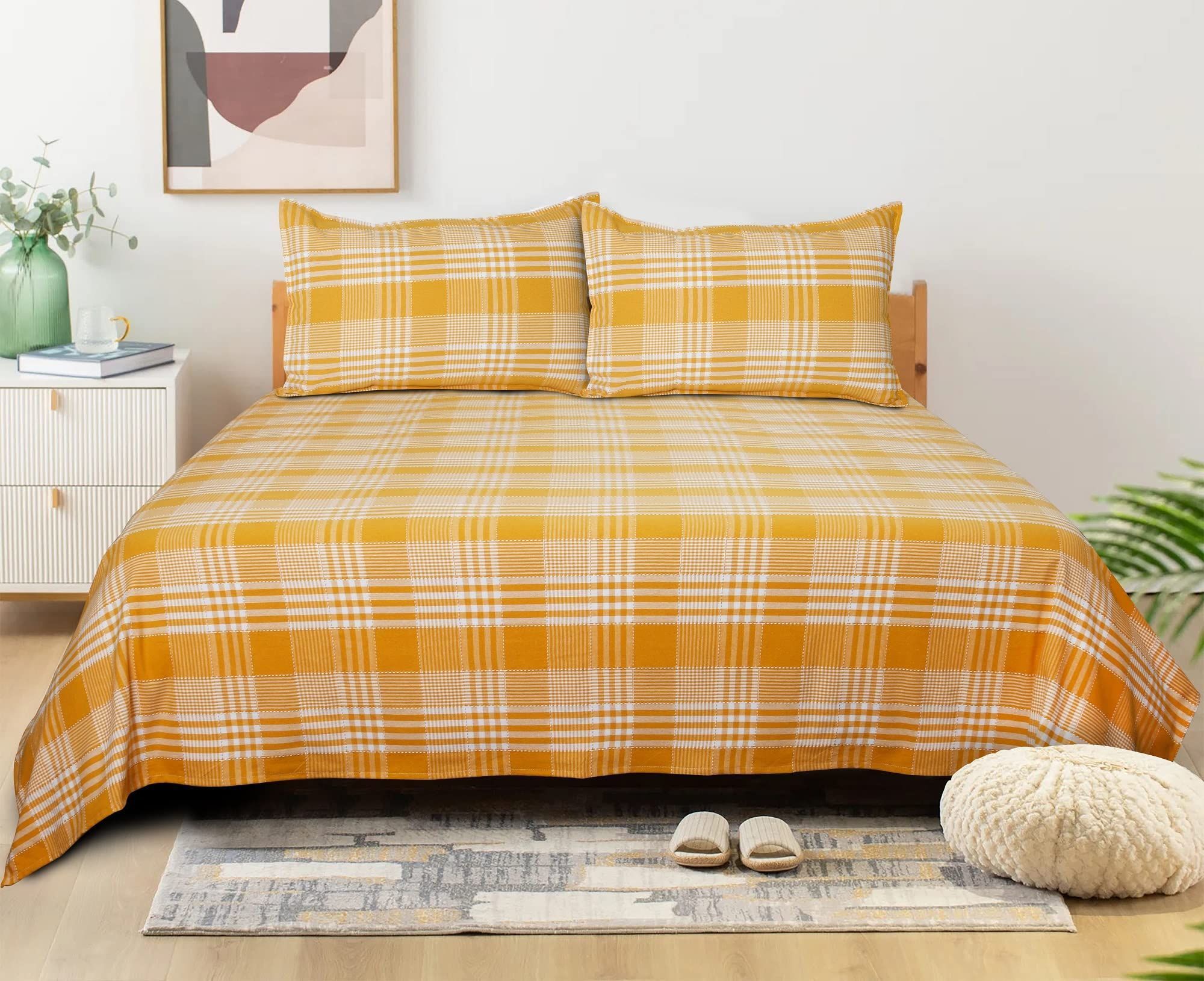 AIRWILL, 200GSM Handloom Cotton Double Bedsheet with 2 Pillow Covers, Track Dobby Checks Designer Weaved Yellow and White Combo - Pack of 3 pcs