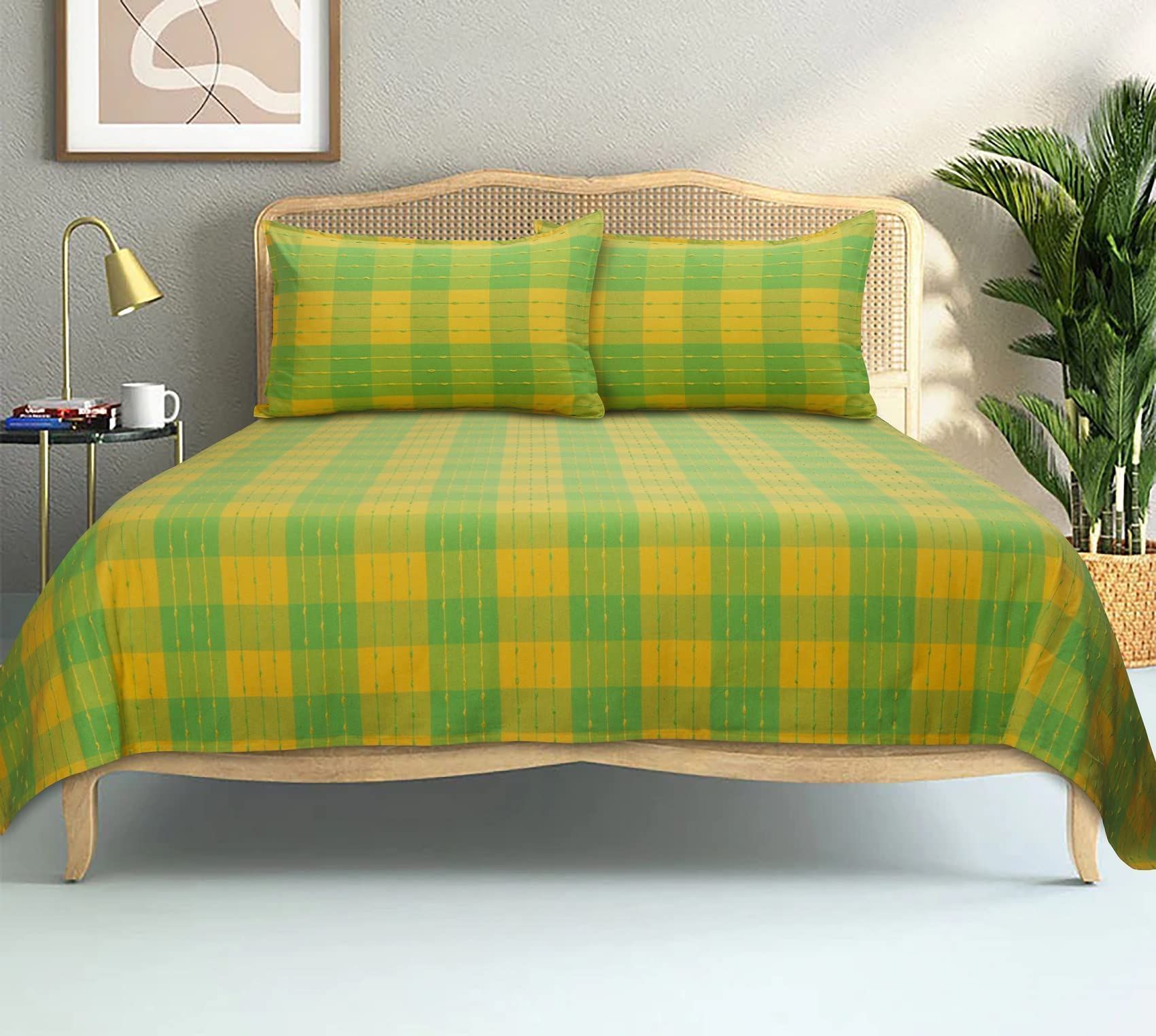 AIRWILL, 200GSM Handloom Cotton Double Bedsheet with 2 Pillow Covers, Beast Dobby Designer Weaved Green and Yellow - Pack of 3 pcs