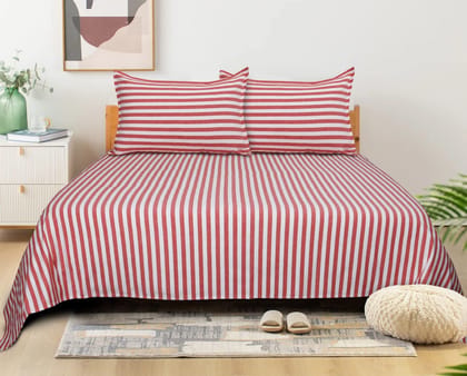 AIRWILL, 200GSM Handloom Cotton Double Bedsheet with 2 Pillow Covers, Candy Striped Designer Weaved Red - Pack of 3 pcs
