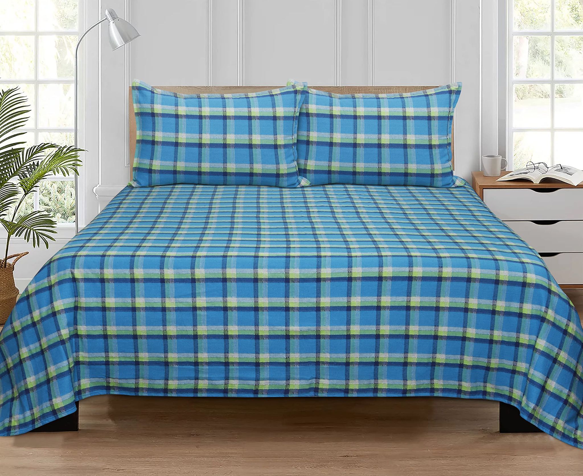 AIRWILL, 200GSM Handloom Cotton Double Bedsheet with 2 Pillow Covers, Iron Dobby Designer Weaved Blue and Green - Pack of 3 pcs