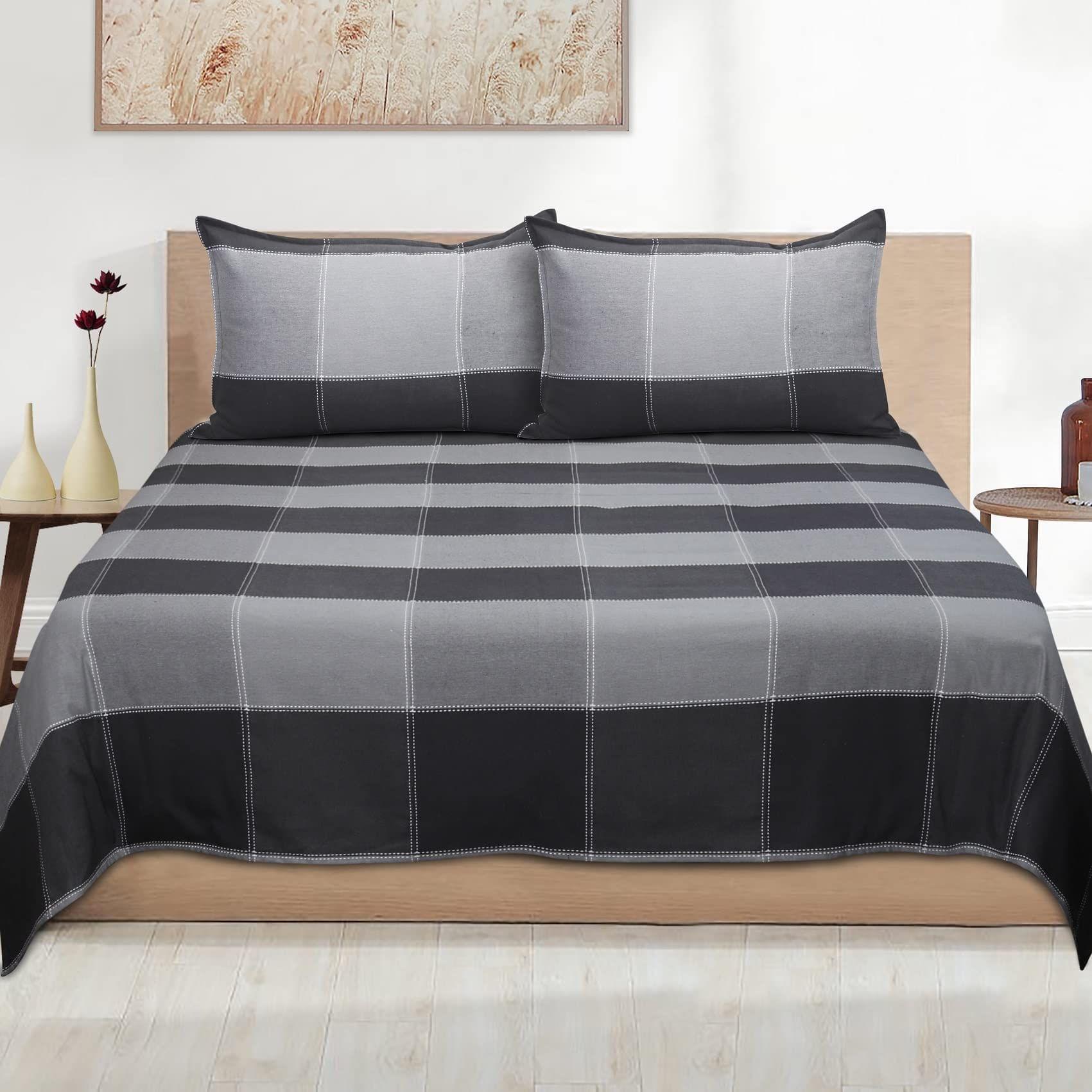 AIRWILL, 200GSM Handloom Cotton Double Bedsheet with 2 Pillow Covers, 4-Way Dobby Checked Designer Weaved Grey Combo - Pack of 3 pcs