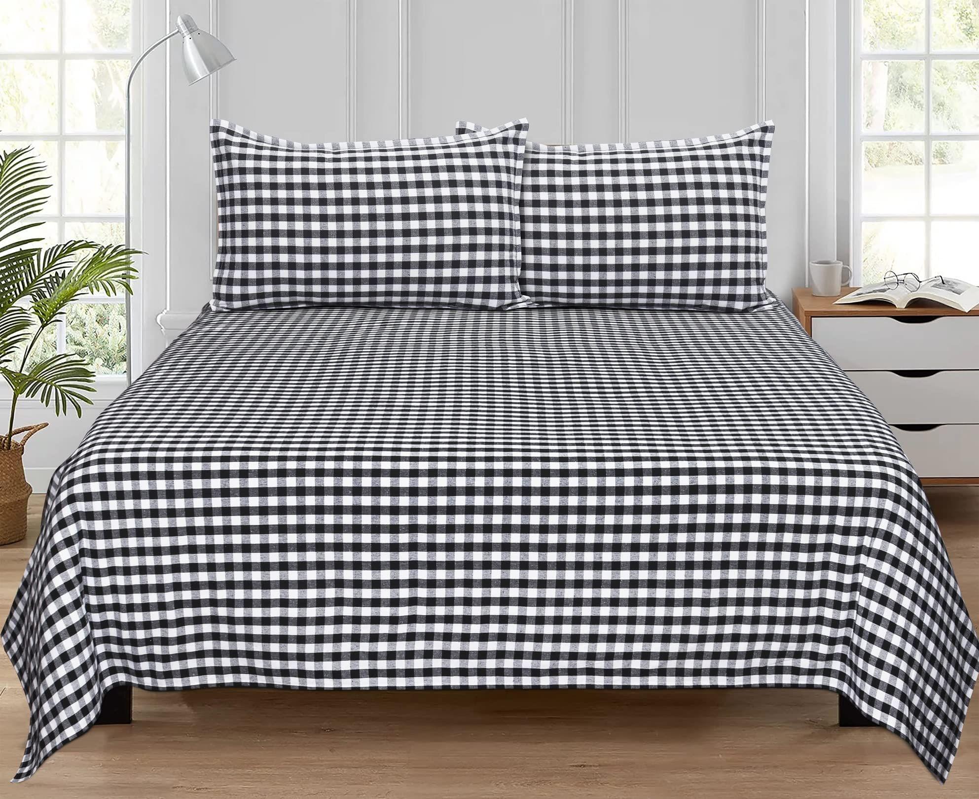 AIRWILL, 200GSM Handloom Cotton Double Bedsheet with 2 Pillow Covers, Gingham Checks Designer Weaved Black and White Combo - Pack of 3 pcs