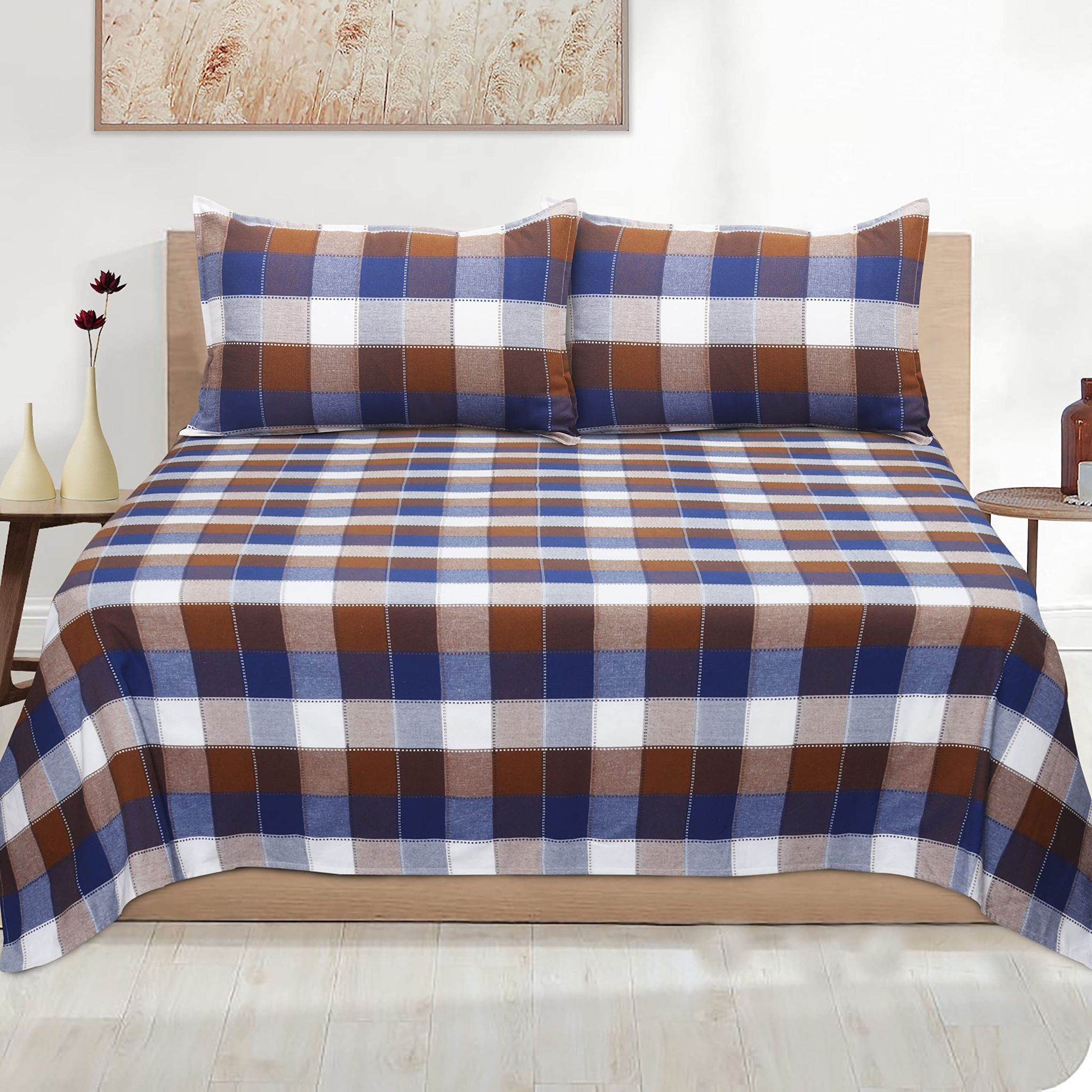 AIRWILL, 200GSM Handloom Cotton Double Bedsheet with 2 Pillow Covers, Dobby Checked Designer Weaved Blue and Brown - Pack of 3 pcs