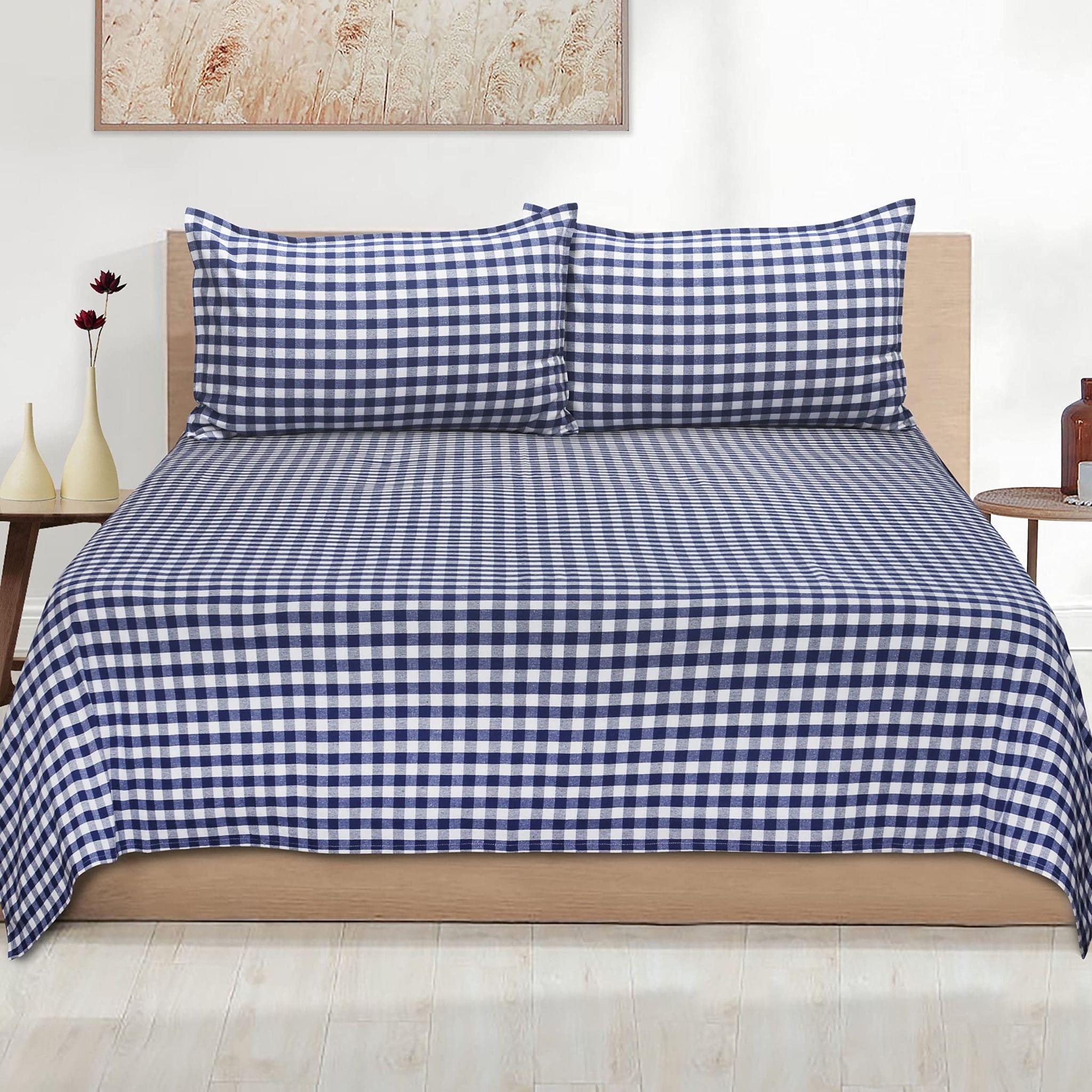 AIRWILL, 200GSM Handloom Cotton Double Bedsheet with 2 Pillow Covers, Gingham Checks Designer Weaved Blue and White Combo - Pack of 3 pcs
