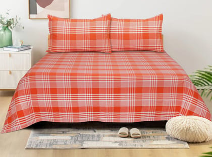 AIRWILL, 200GSM Handloom Cotton Double Bedsheet with 2 Pillow Covers, Track Dobby Checks Designer Weaved Orange and White Combo - Pack of 3 pcs