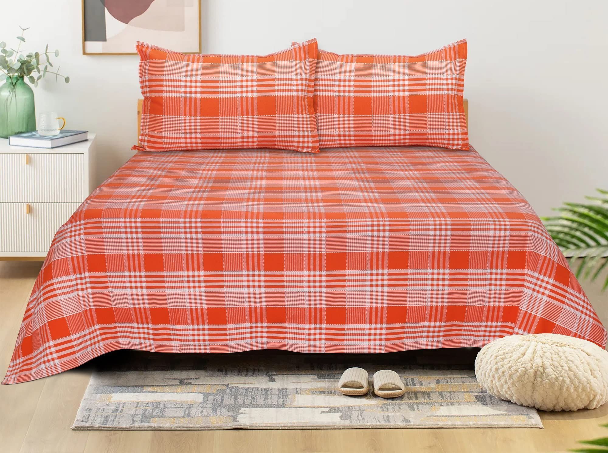 AIRWILL, 200GSM Handloom Cotton Double Bedsheet with 2 Pillow Covers, Track Dobby Checks Designer Weaved Orange and White Combo - Pack of 3 pcs