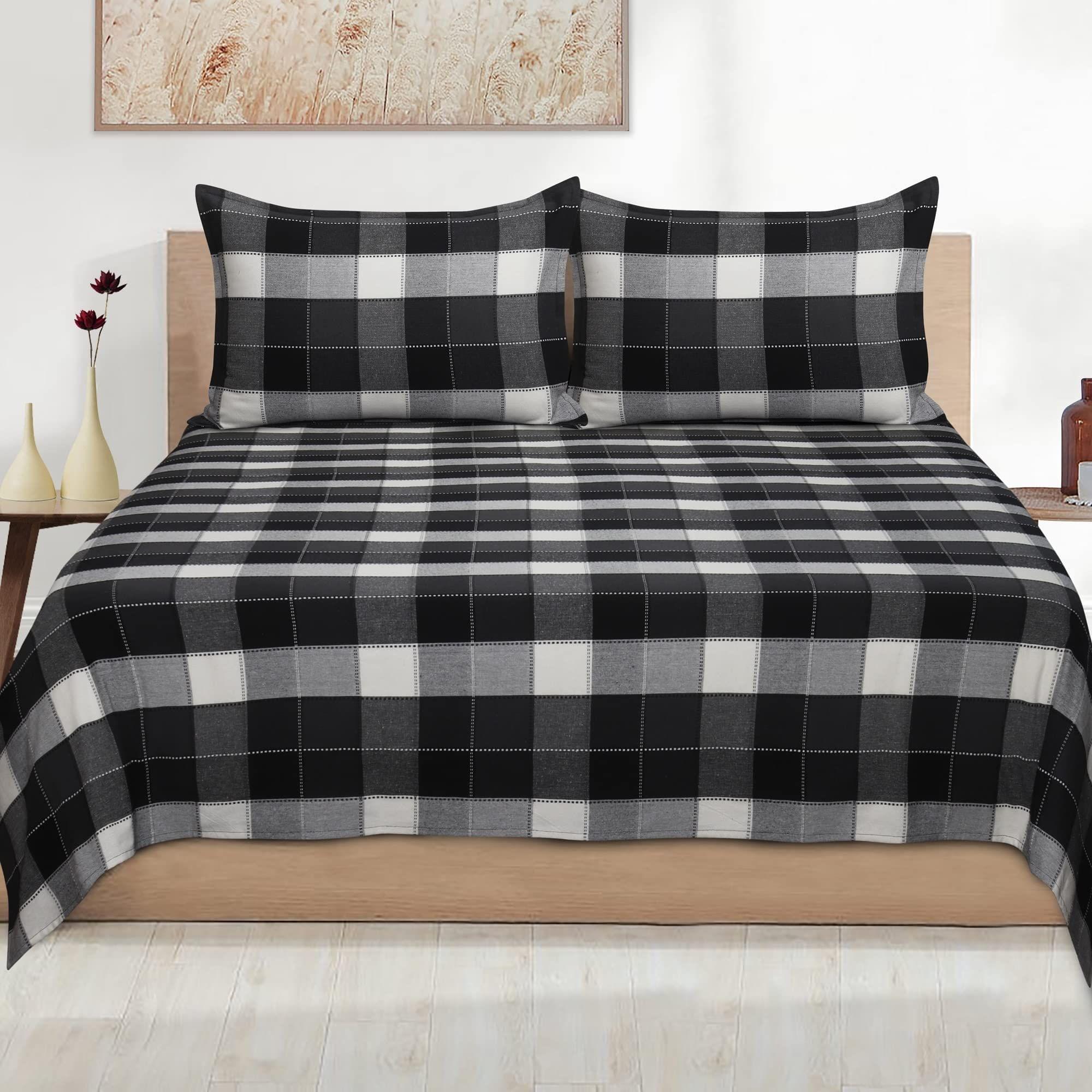AIRWILL, 200GSM Handloom Cotton Double Bedsheet with 2 Pillow Covers, Dobby Checks Designer Weaved Black, Grey and White Combo - Pack of 3 pcs