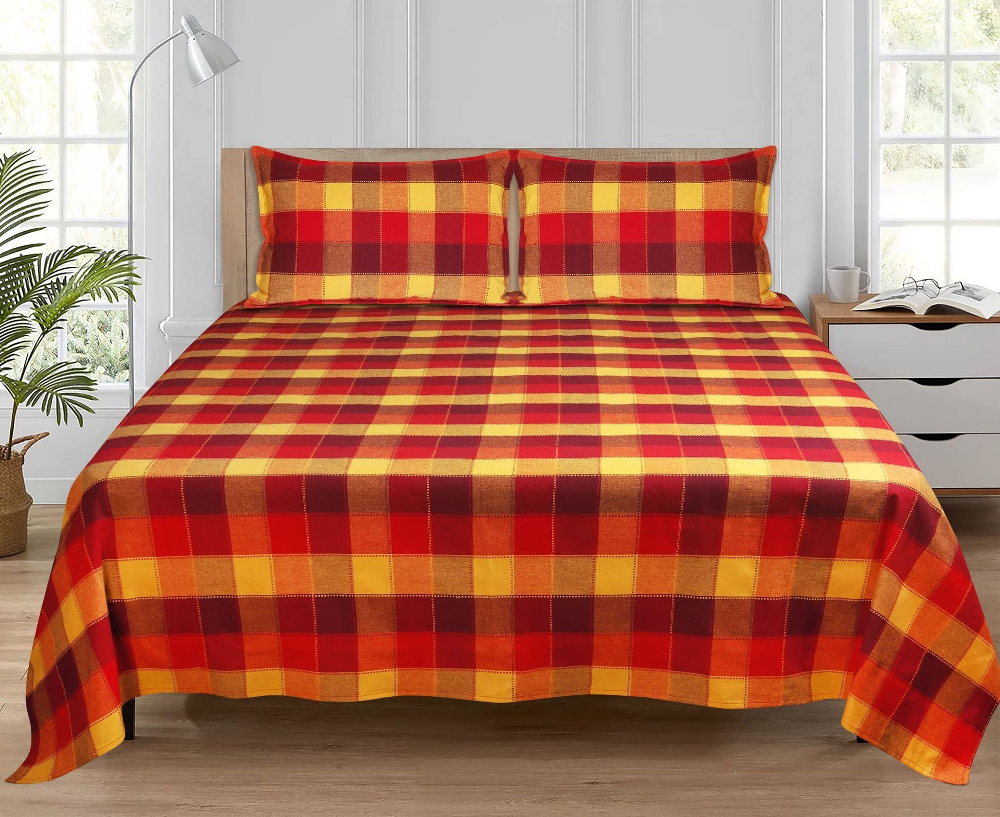 AIRWILL, 200GSM Handloom Cotton Double Bedsheet with 2 Pillow Covers, Dobby Checks Designer Weaved Red, Yellow and Maroon Combo - Pack of 3 pcs