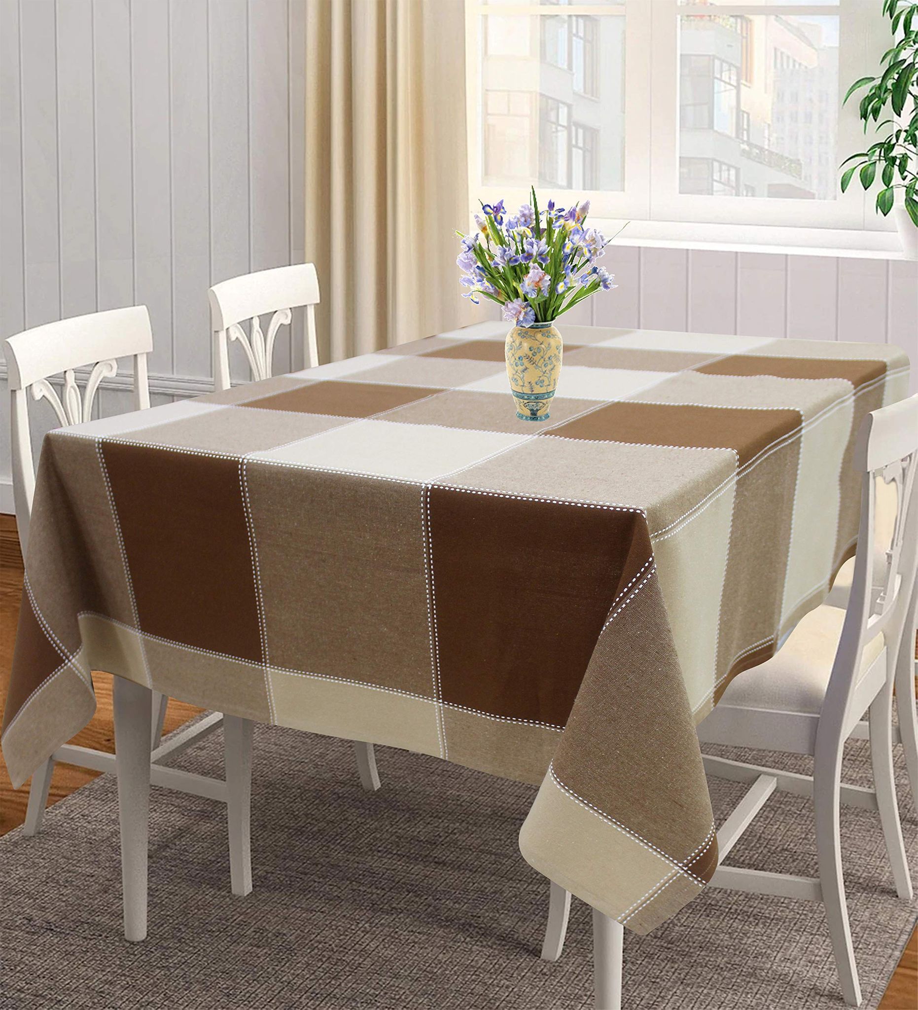 AIRWILL 100% Cotton Checkered Pattern 4 Seater Square Table Cover Sized, 56x56 inches (Brown,Beige, Pack of 1)