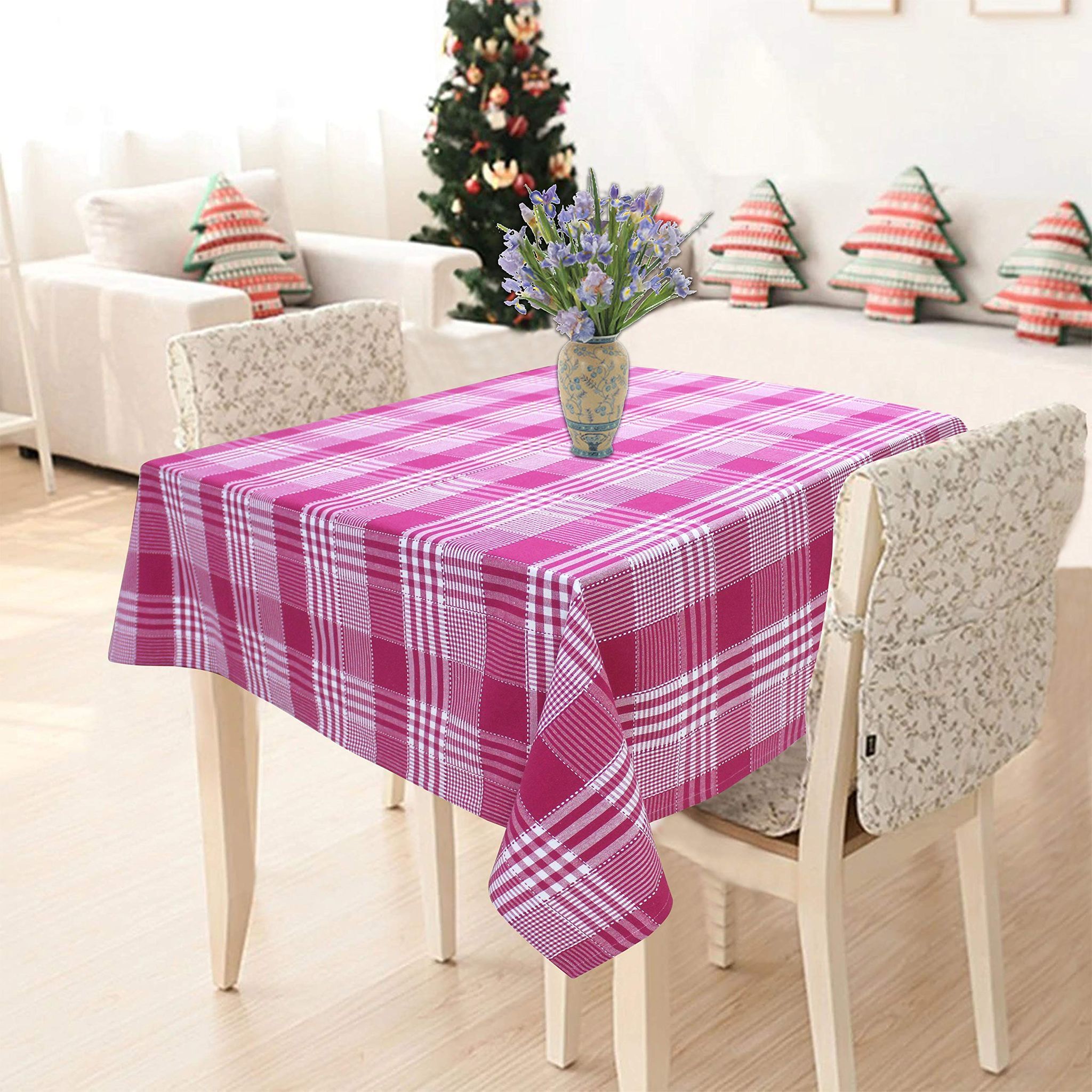 AIRWILL 100% Cotton Checkered Pattern 2 Seater Square Table Cover Sized, 36x36 inches (Pink, Pack of 1)